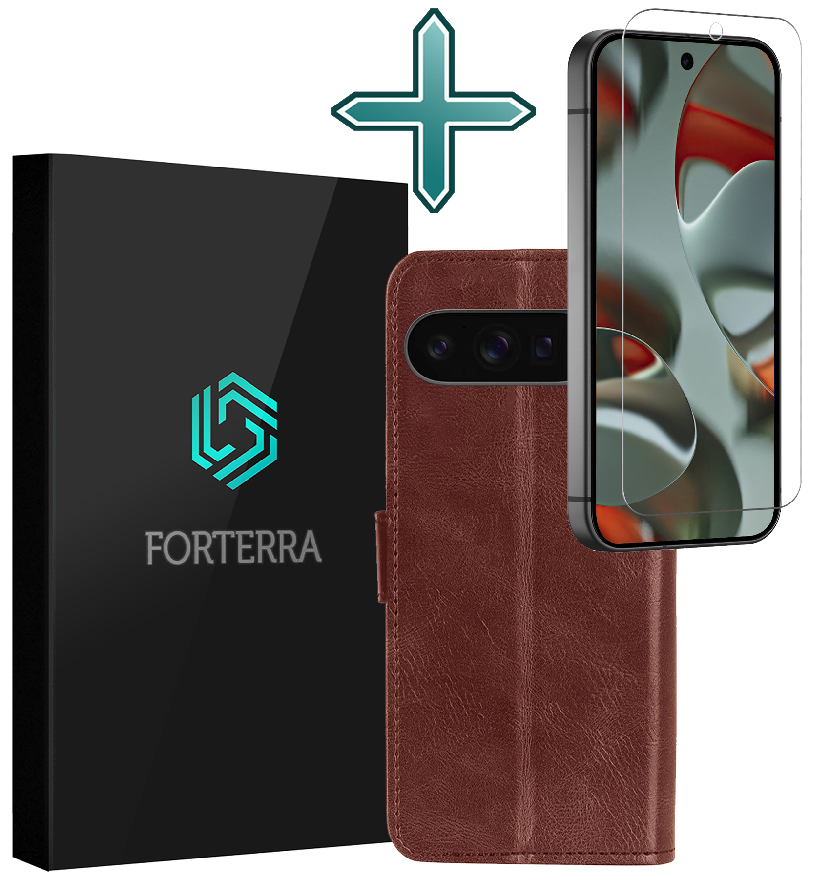 Forterra Hoesje Geschikt voor Google Pixel 9 Pro Hoesje Book Case Hoes Portemonnee Cover Walletcase Met Screenprotector - Hoes Geschikt voor Google Pixel 9 Pro Hoes Bookcase Hoesje - Bruin