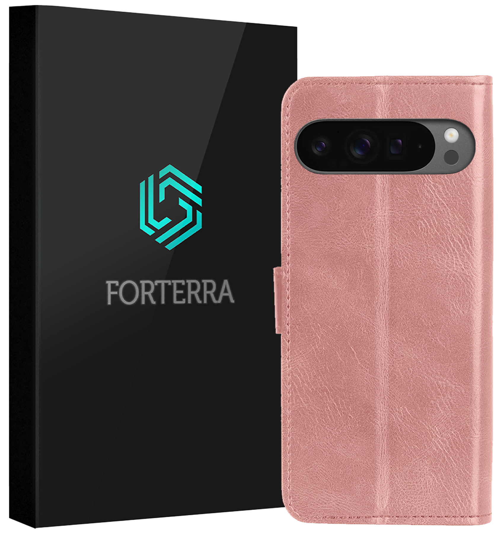 Forterra Hoesje Geschikt voor Google Pixel 9 Pro Hoesje Book Case Hoes Portemonnee Cover Walletcase - Hoes Geschikt voor Google Pixel 9 Pro Hoes Bookcase Hoesje - Rosé goud