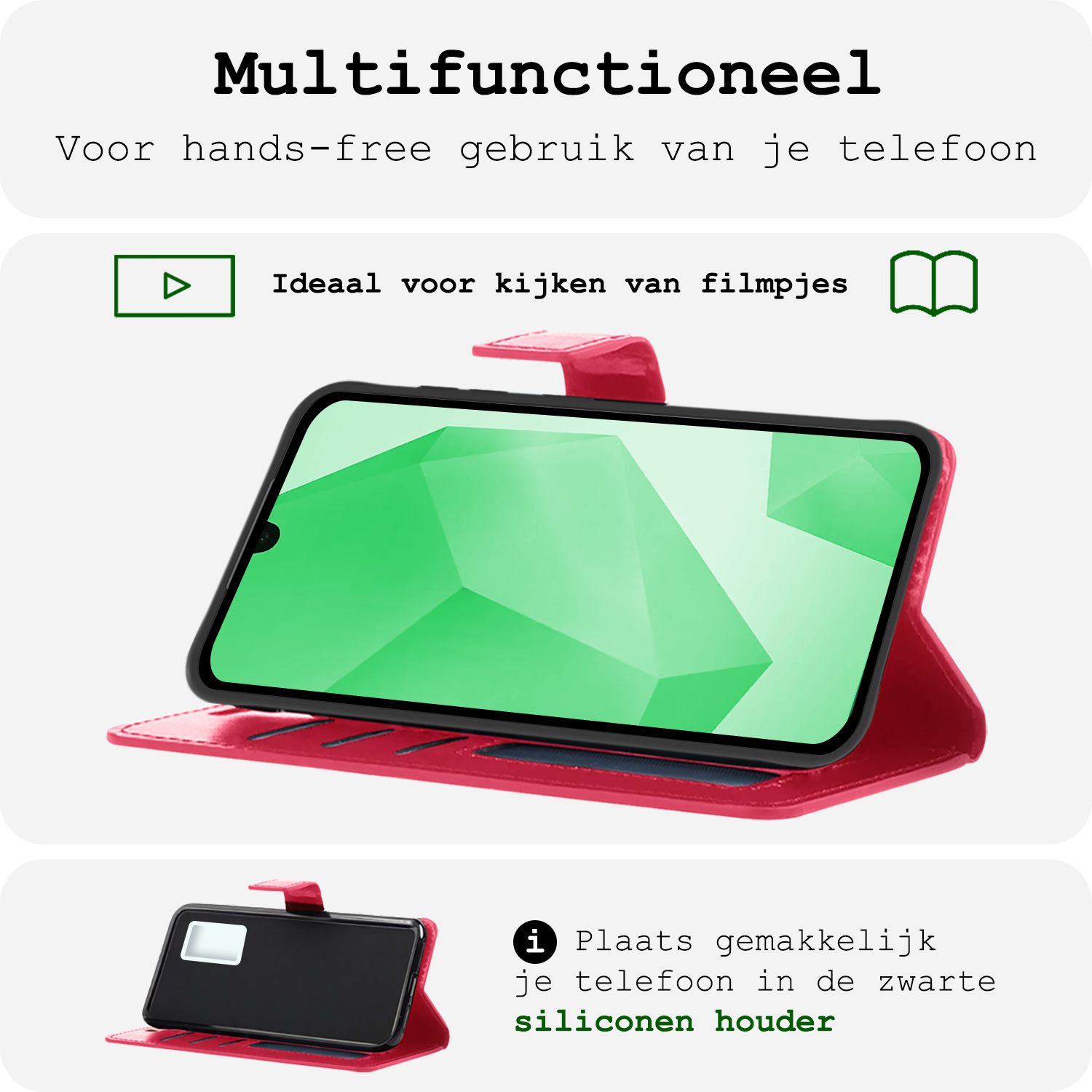 BASEY. Hoes Geschikt voor Samsung A16 Hoesje Bookcase Hoes Flip Case Book Cover - Hoesje Geschikt voor Samsung Galaxy A16 Hoes Book Case Hoesje - Donkerroze