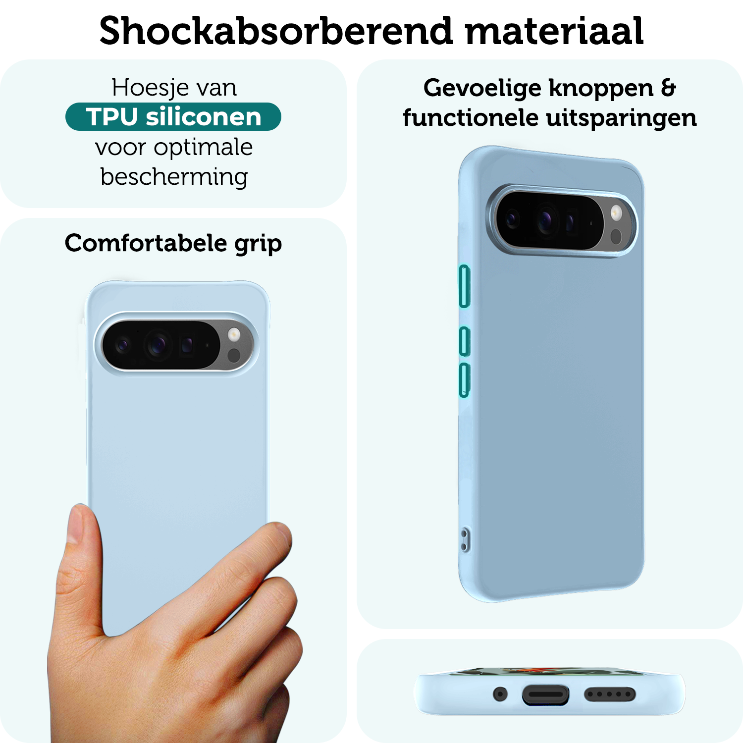 Forterra Hoesje Geschikt voor Google Pixel 9 Pro Hoesje Siliconen Case Hoes Met 2x Screenprotector - Hoes Geschikt voor Google Pixel 9 Pro Hoes Cover Case - Lichtblauw