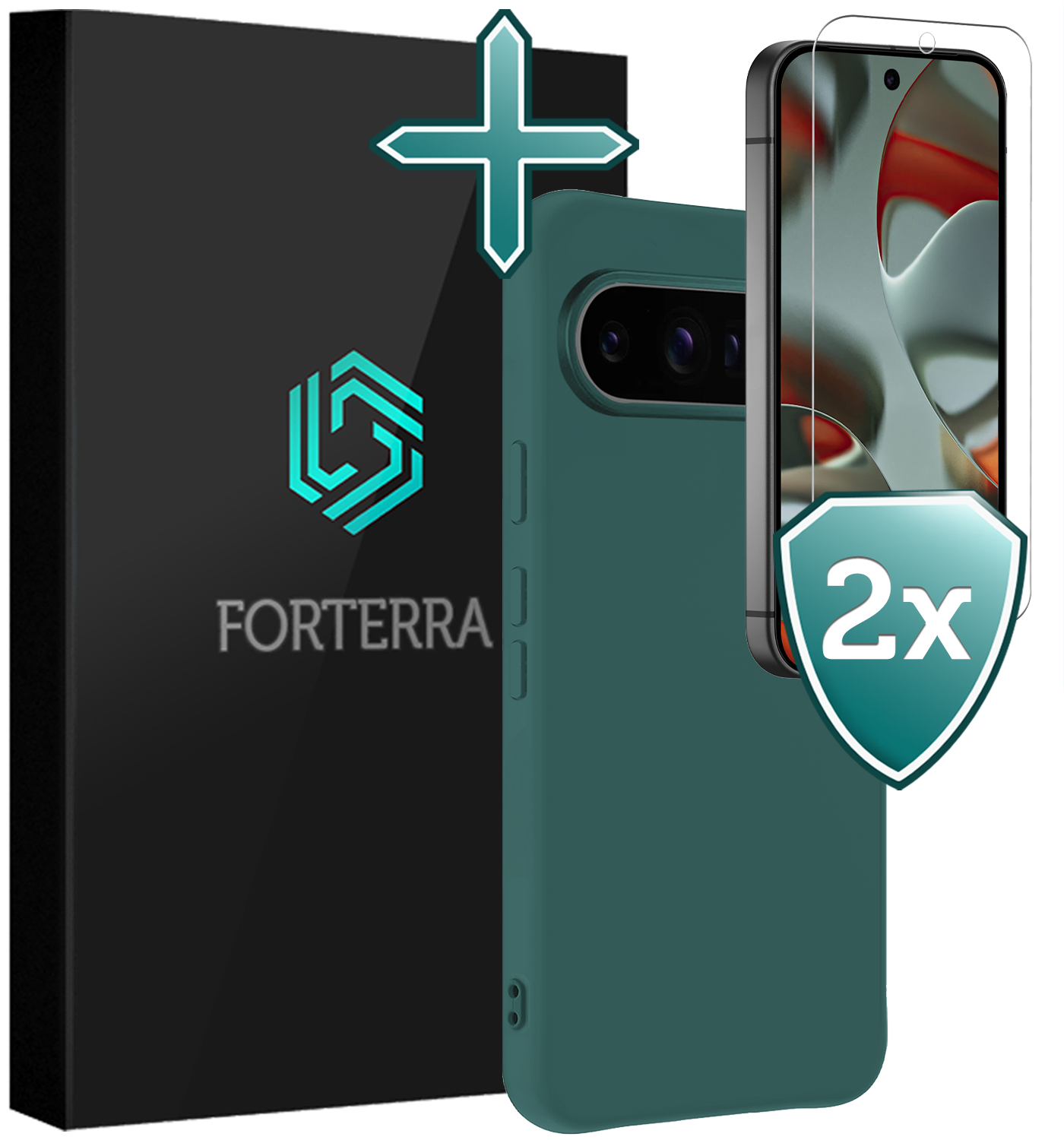 Forterra Hoesje Geschikt voor Google Pixel 9 Pro Hoesje Siliconen Case Hoes Met 2x Screenprotector - Hoes Geschikt voor Google Pixel 9 Pro Hoes Cover Case - Donkergroen