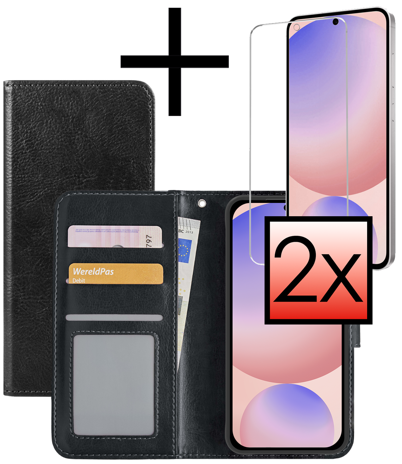 NoXx Hoes Geschikt voor Samsung S24 FE Hoesje Book Case Hoes Flip Cover Wallet Bookcase Met 2x Screenprotector - Zwart