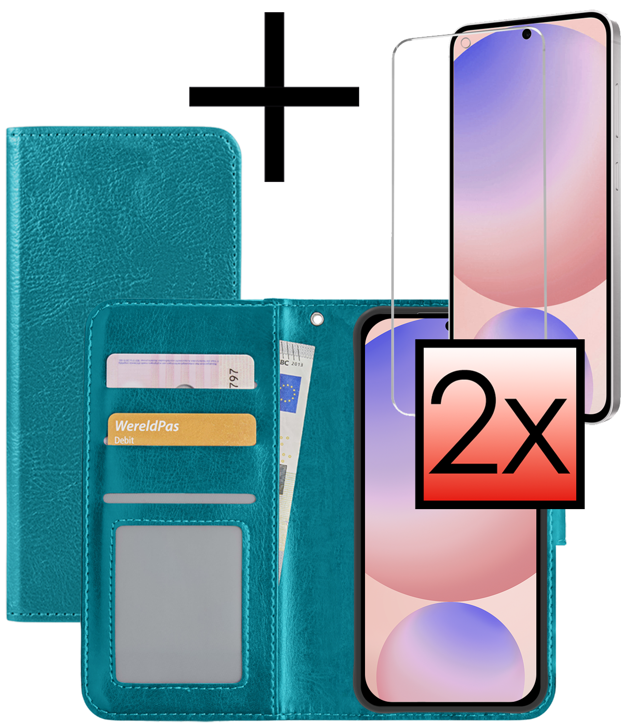NoXx Hoes Geschikt voor Samsung S24 FE Hoesje Book Case Hoes Flip Cover Wallet Bookcase Met 2x Screenprotector - Turquoise