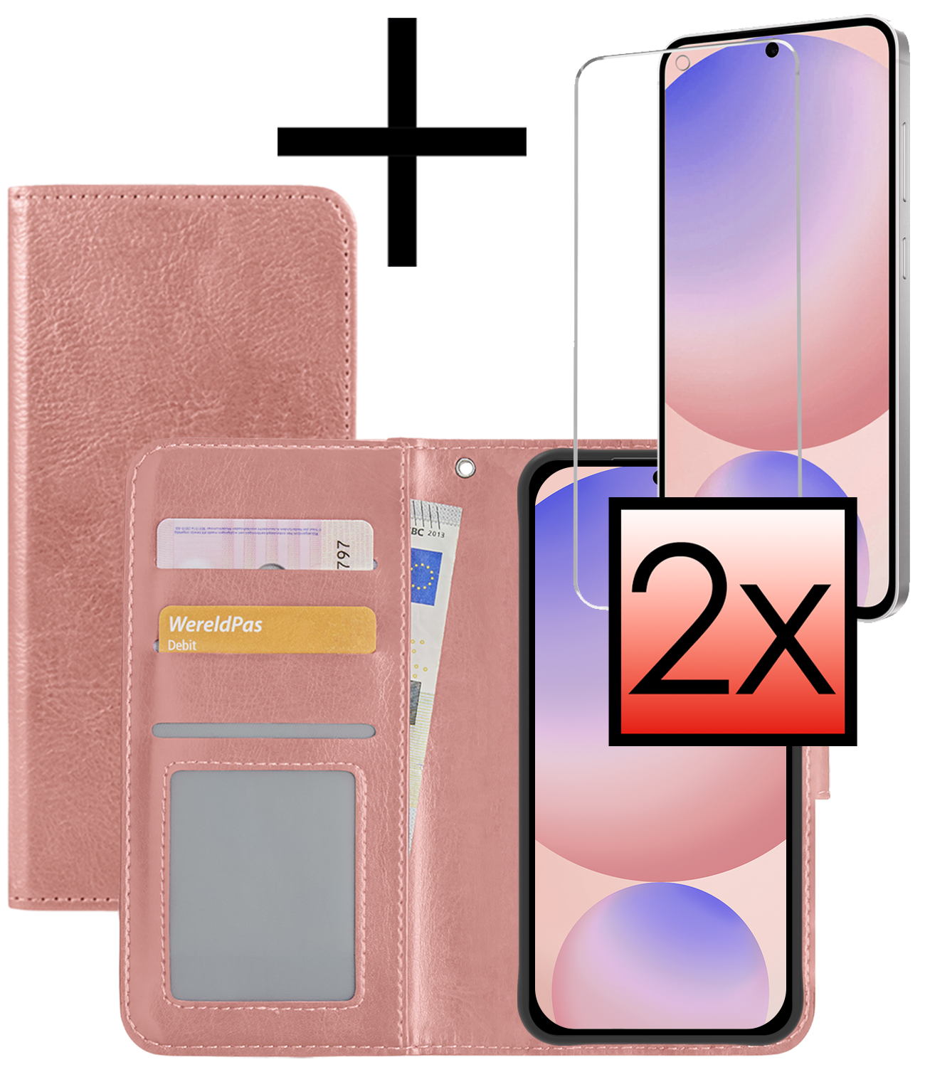 NoXx Hoes Geschikt voor Samsung S24 FE Hoesje Book Case Hoes Flip Cover Wallet Bookcase Met 2x Screenprotector - Rosé goud