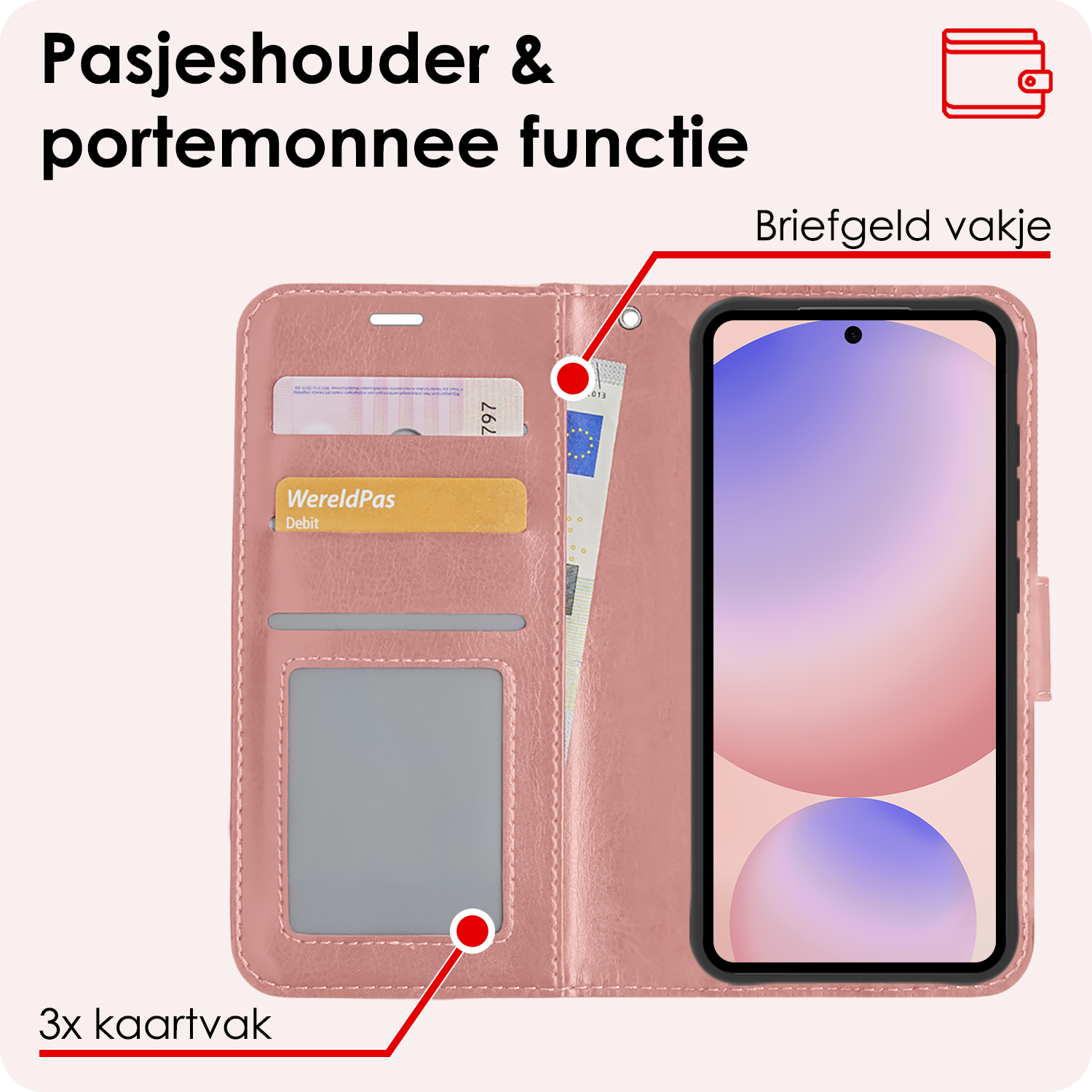 NoXx Hoes Geschikt voor Samsung S24 FE Hoesje Book Case Hoes Flip Cover Wallet Bookcase Met 2x Screenprotector - Rosé goud
