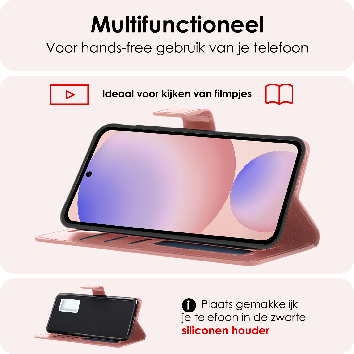 NoXx Hoes Geschikt voor Samsung S24 FE Hoesje Book Case Hoes Flip Cover Wallet Bookcase Met 2x Screenprotector - Rosé goud