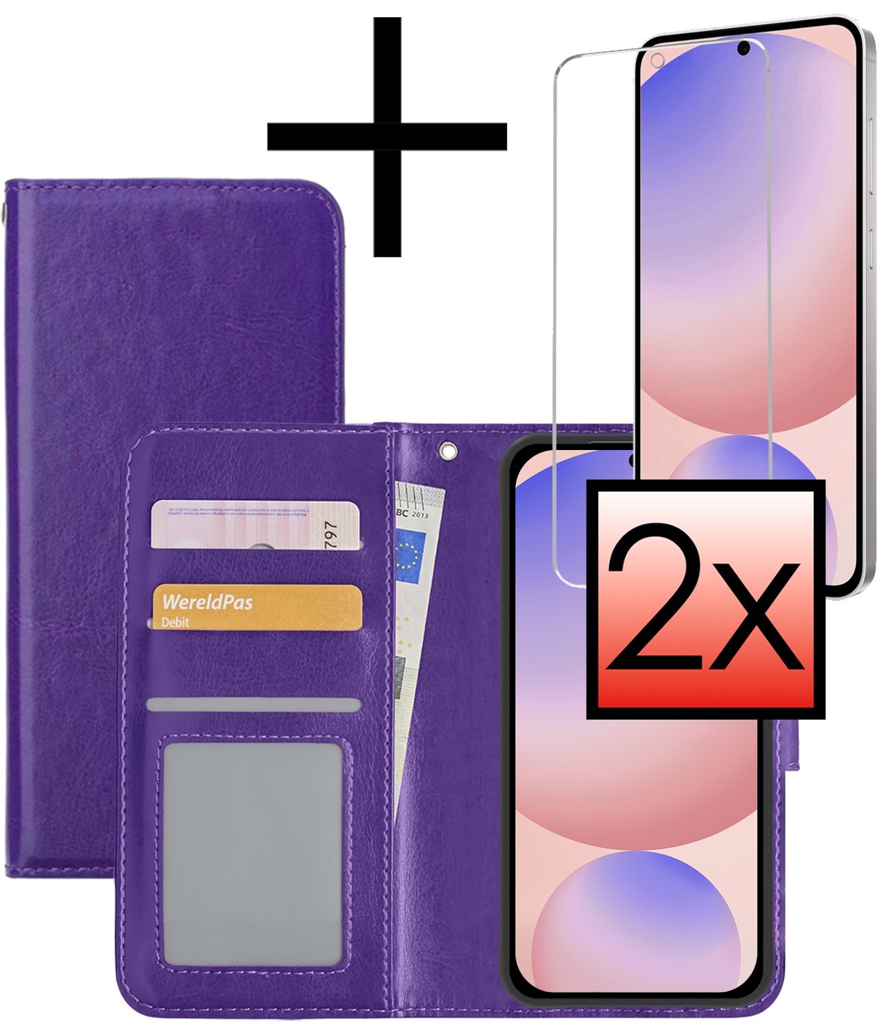 NoXx Hoes Geschikt voor Samsung S24 FE Hoesje Book Case Hoes Flip Cover Wallet Bookcase Met 2x Screenprotector - Paars