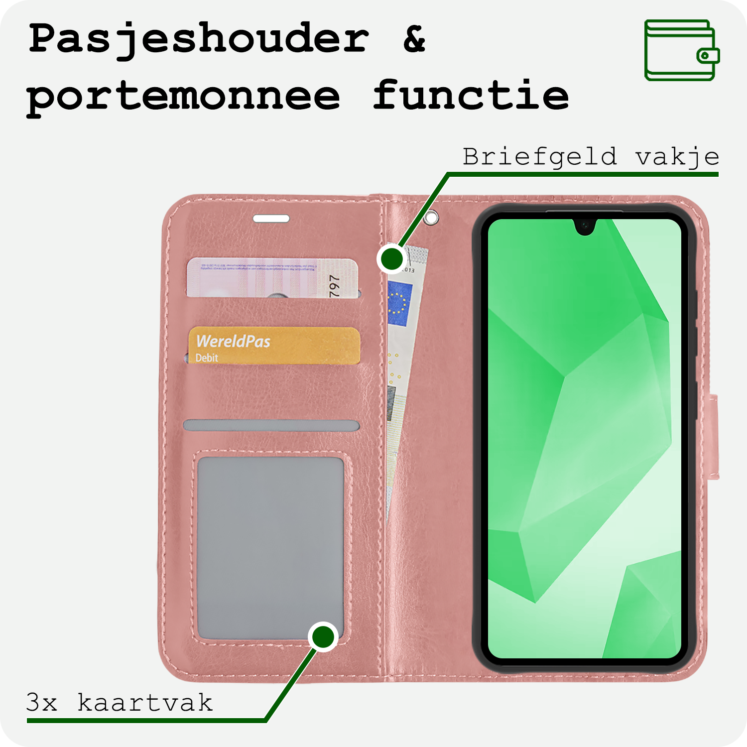 BASEY. Hoes Geschikt voor Samsung A16 Hoesje Bookcase Hoes Flip Case Book Cover - Hoesje Geschikt voor Samsung Galaxy A16 Hoes Book Case Hoesje - Rosé goud