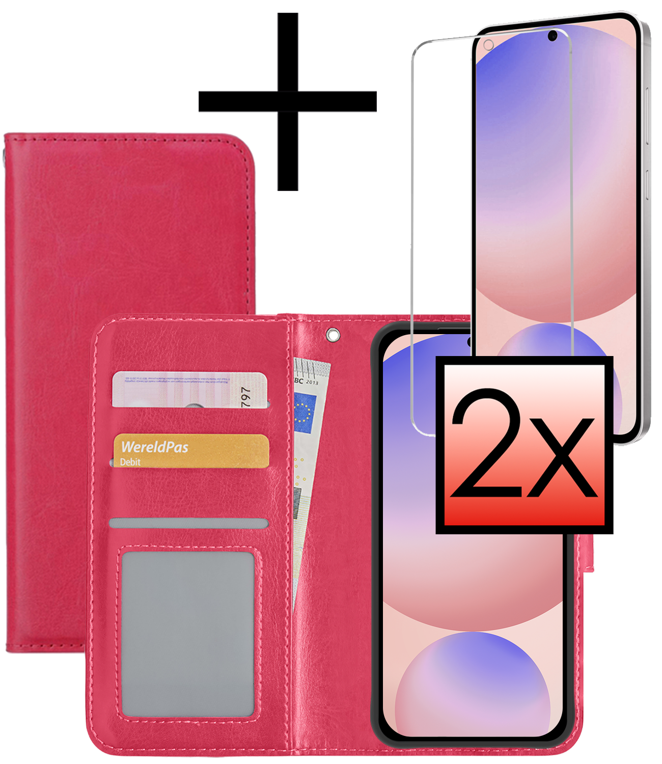 NoXx Hoes Geschikt voor Samsung S24 FE Hoesje Book Case Hoes Flip Cover Wallet Bookcase Met 2x Screenprotector - Donkerroze