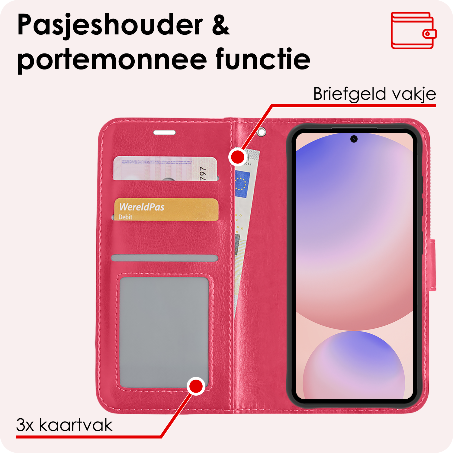 NoXx Hoes Geschikt voor Samsung S24 FE Hoesje Book Case Hoes Flip Cover Wallet Bookcase Met 2x Screenprotector - Donkerroze
