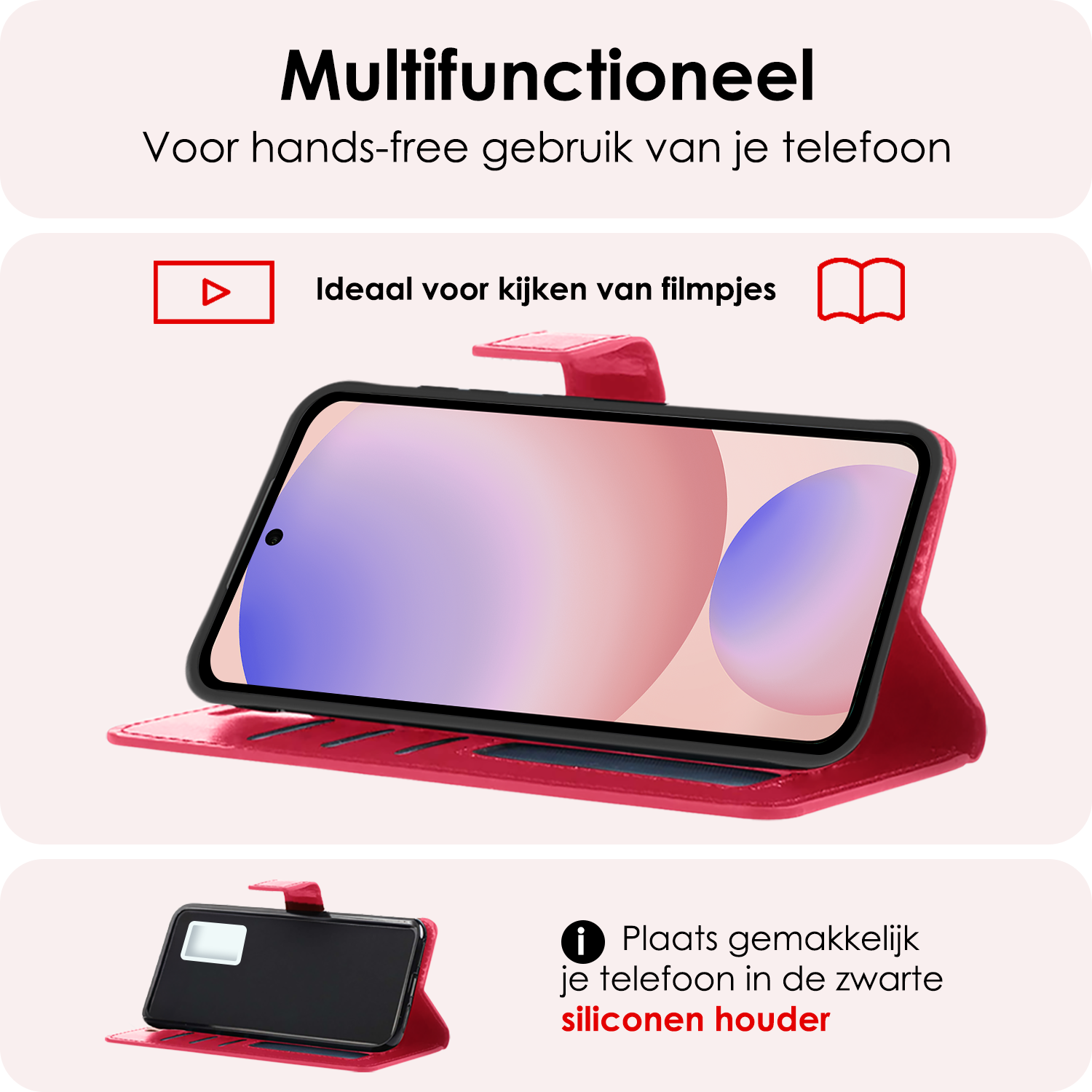 NoXx Hoes Geschikt voor Samsung S24 FE Hoesje Book Case Hoes Flip Cover Wallet Bookcase Met 2x Screenprotector - Donkerroze