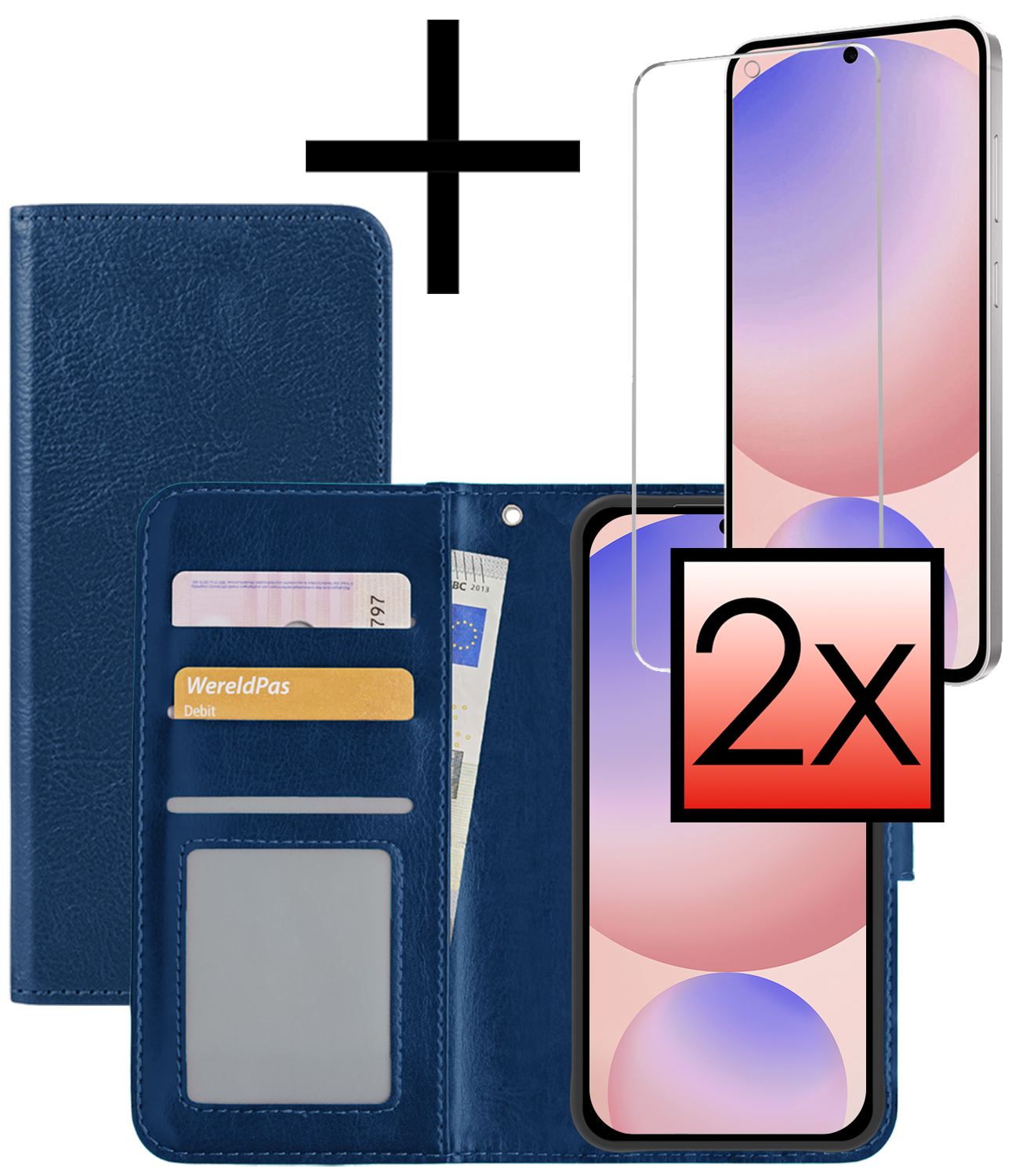 NoXx Hoes Geschikt voor Samsung S24 FE Hoesje Book Case Hoes Flip Cover Wallet Bookcase Met 2x Screenprotector - Donkerblauw