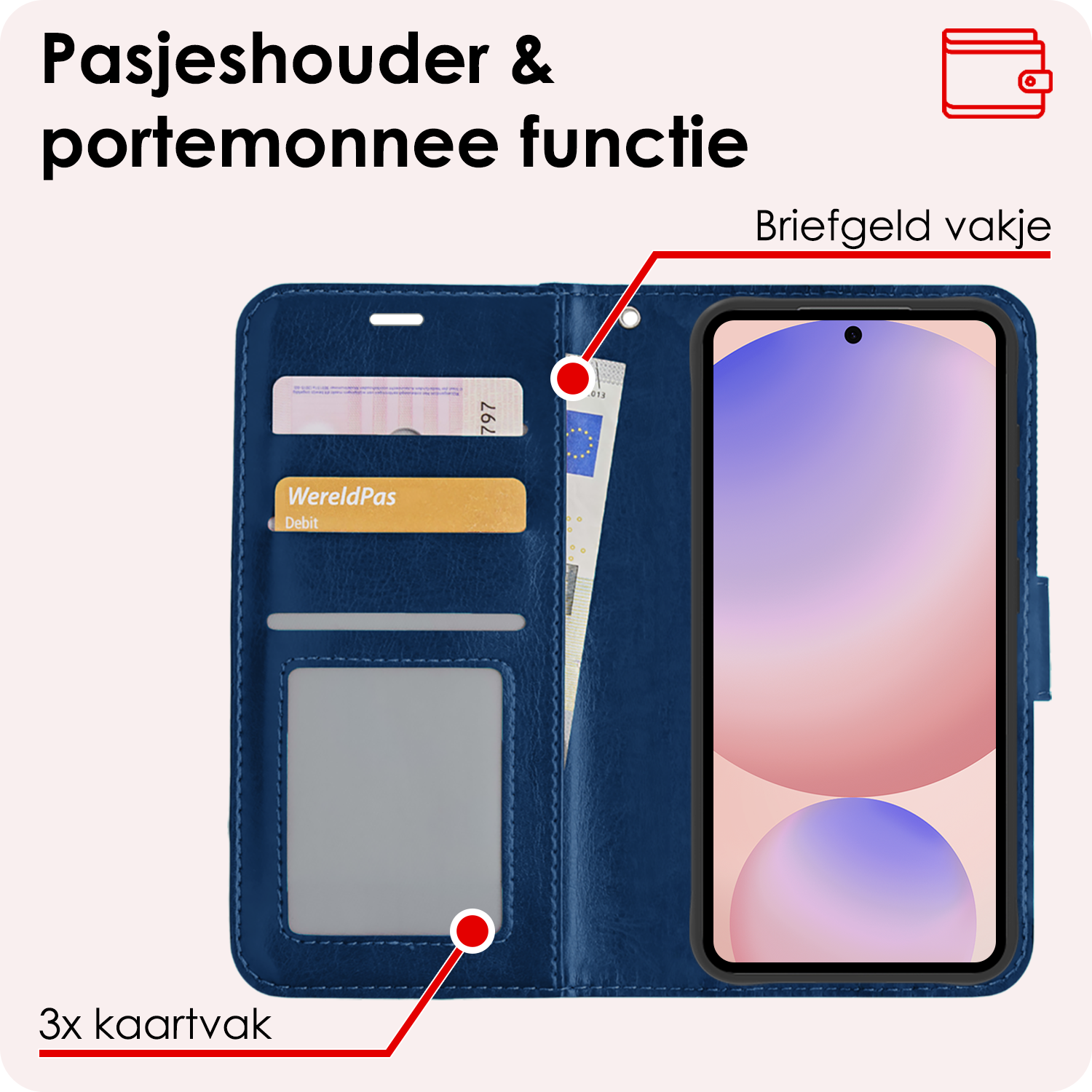 NoXx Hoes Geschikt voor Samsung S24 FE Hoesje Book Case Hoes Flip Cover Wallet Bookcase Met 2x Screenprotector - Donkerblauw