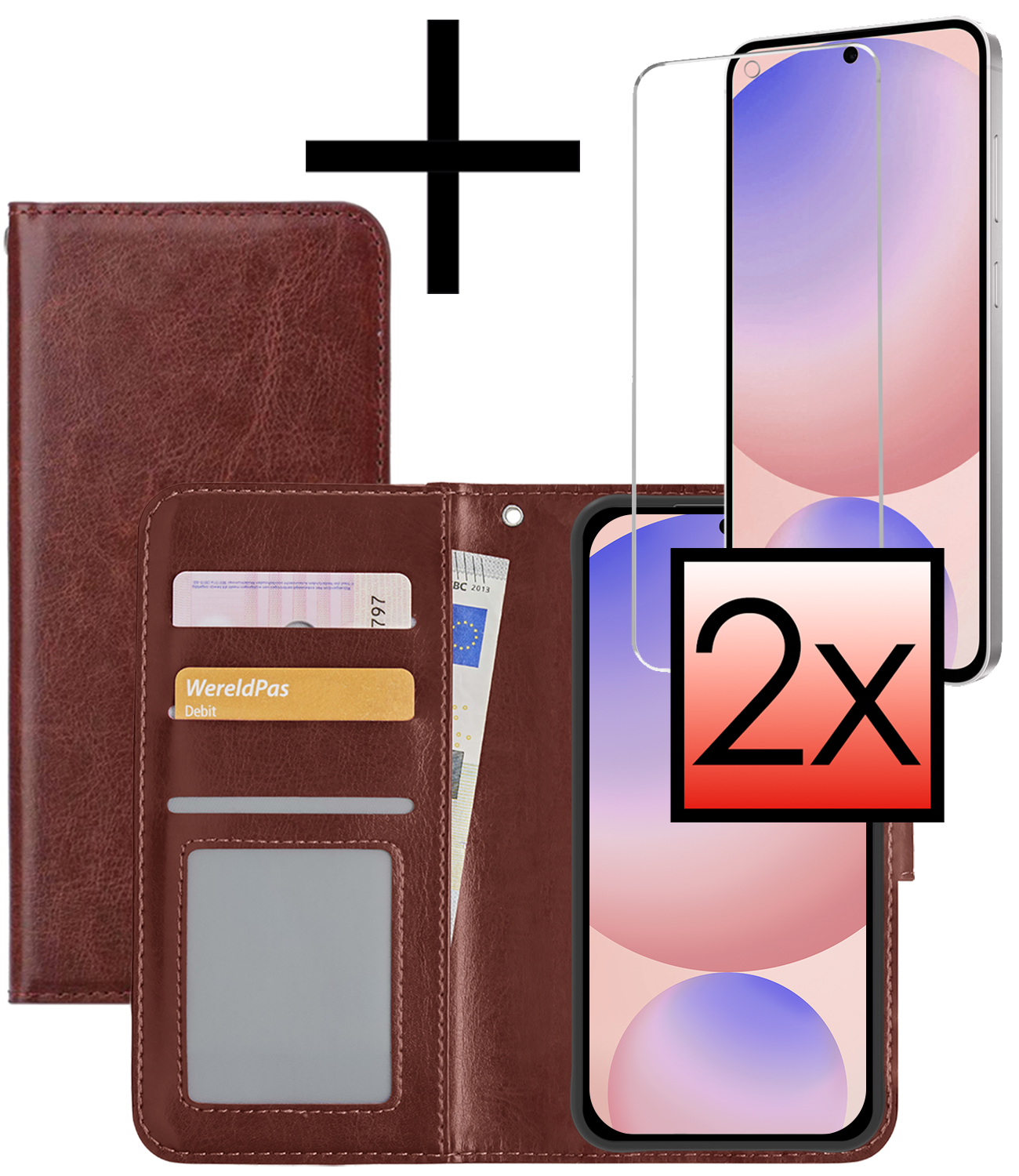 NoXx Hoes Geschikt voor Samsung S24 FE Hoesje Book Case Hoes Flip Cover Wallet Bookcase Met 2x Screenprotector - Bruin