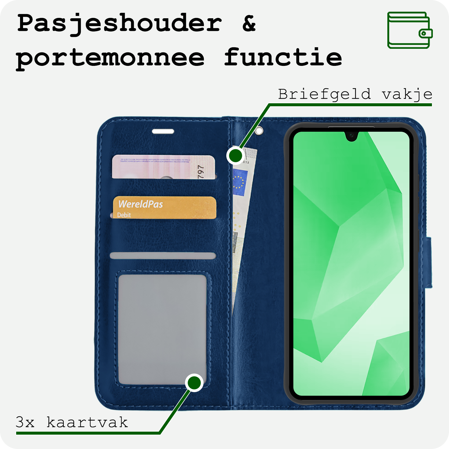 BASEY. Hoes Geschikt voor Samsung A16 Hoesje Bookcase Hoes Flip Case Book Cover Met Screenprotector - Hoesje Geschikt voor Samsung Galaxy A16 Hoes Book Case Hoesje - Donkerblauw