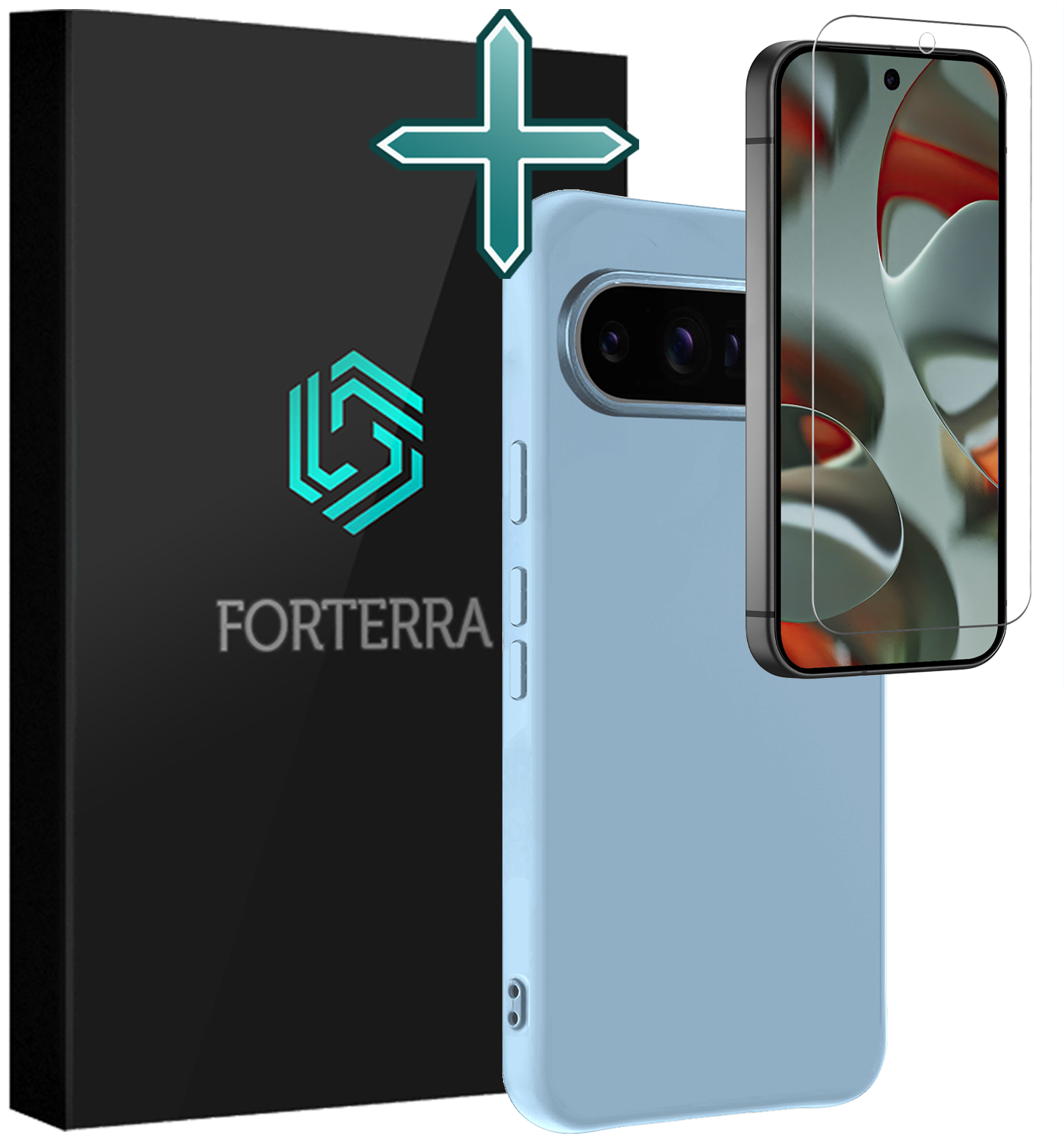 Forterra Hoesje Geschikt voor Google Pixel 9 Pro Hoesje Siliconen Case Hoes Met Screenprotector - Hoes Geschikt voor Google Pixel 9 Pro Hoes Cover Case - Lichtblauw