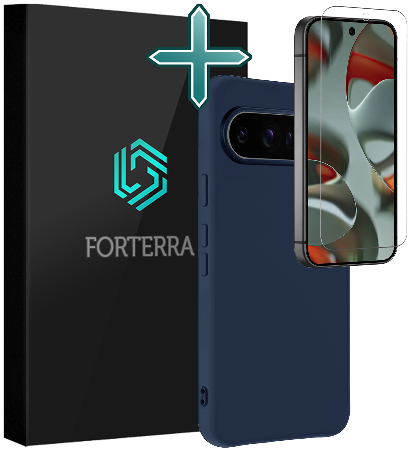 Forterra Hoesje Geschikt voor Google Pixel 9 Pro Hoesje Siliconen Case Hoes Met Screenprotector - Hoes Geschikt voor Google Pixel 9 Pro Hoes Cover Case - Donkerblauw
