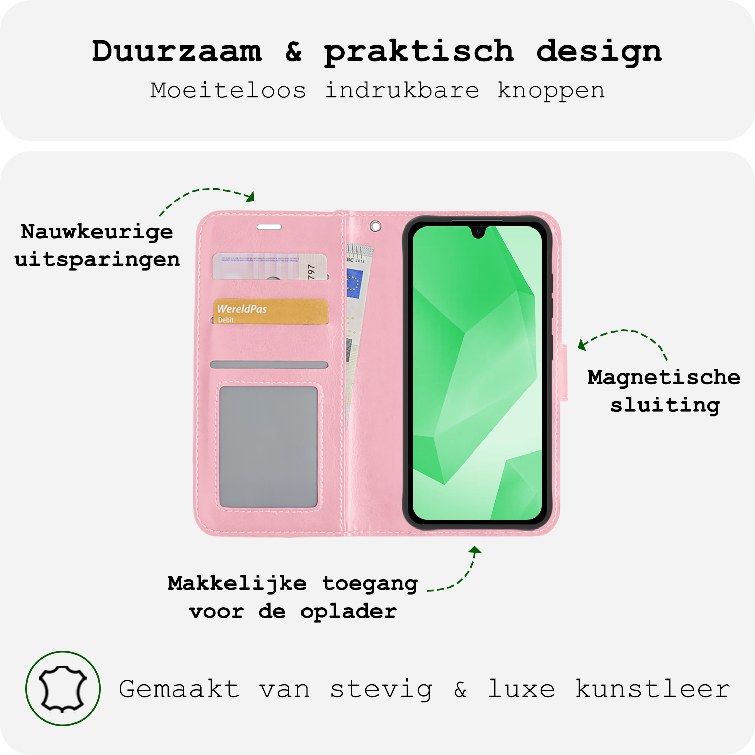 BASEY. Hoes Geschikt voor Samsung A16 Hoesje Bookcase Hoes Flip Case Book Cover Met Screenprotector - Hoesje Geschikt voor Samsung Galaxy A16 Hoes Book Case Hoesje - Lichtroze