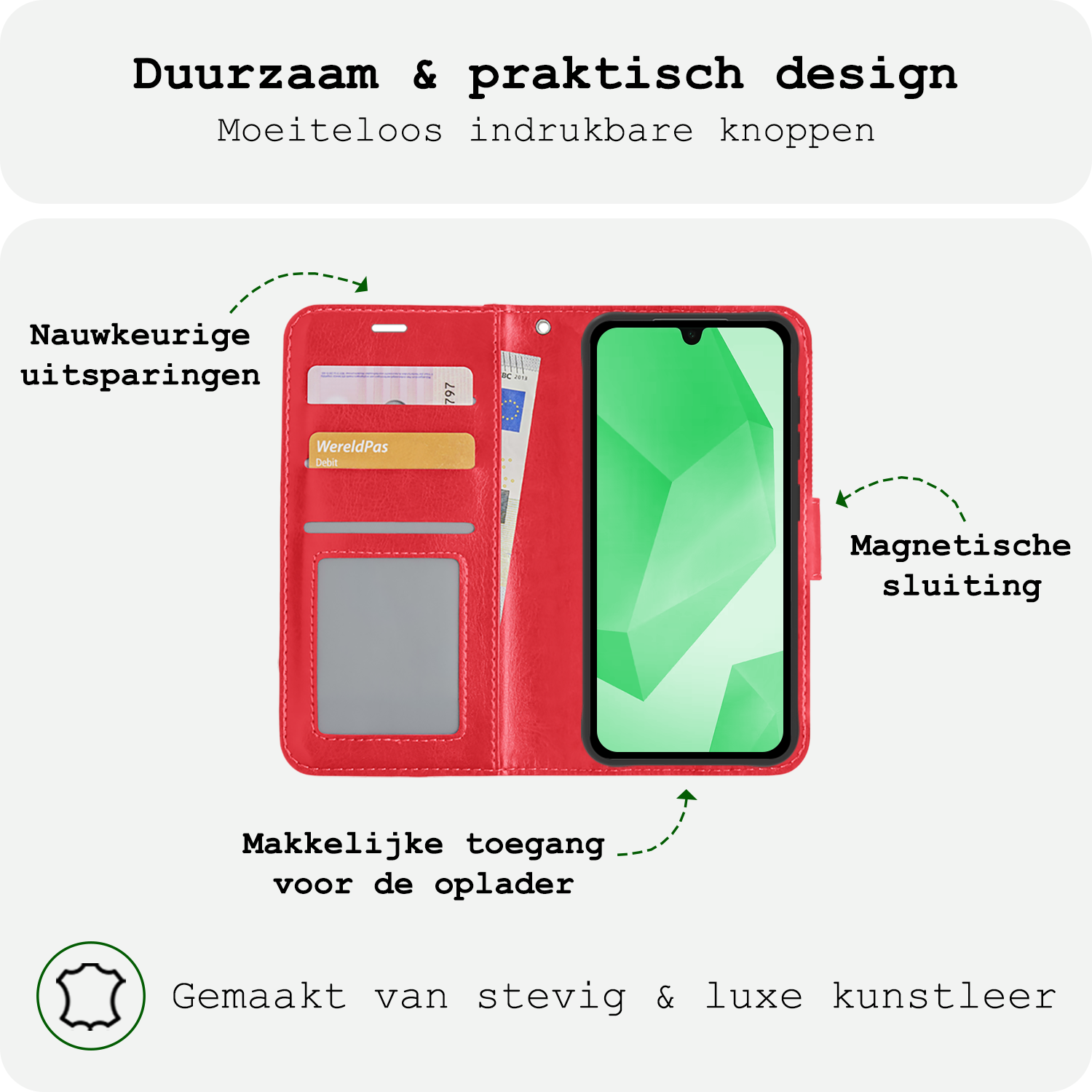 BASEY. Hoes Geschikt voor Samsung A16 Hoesje Bookcase Hoes Flip Case Book Cover Met Screenprotector - Hoesje Geschikt voor Samsung Galaxy A16 Hoes Book Case Hoesje - Rood