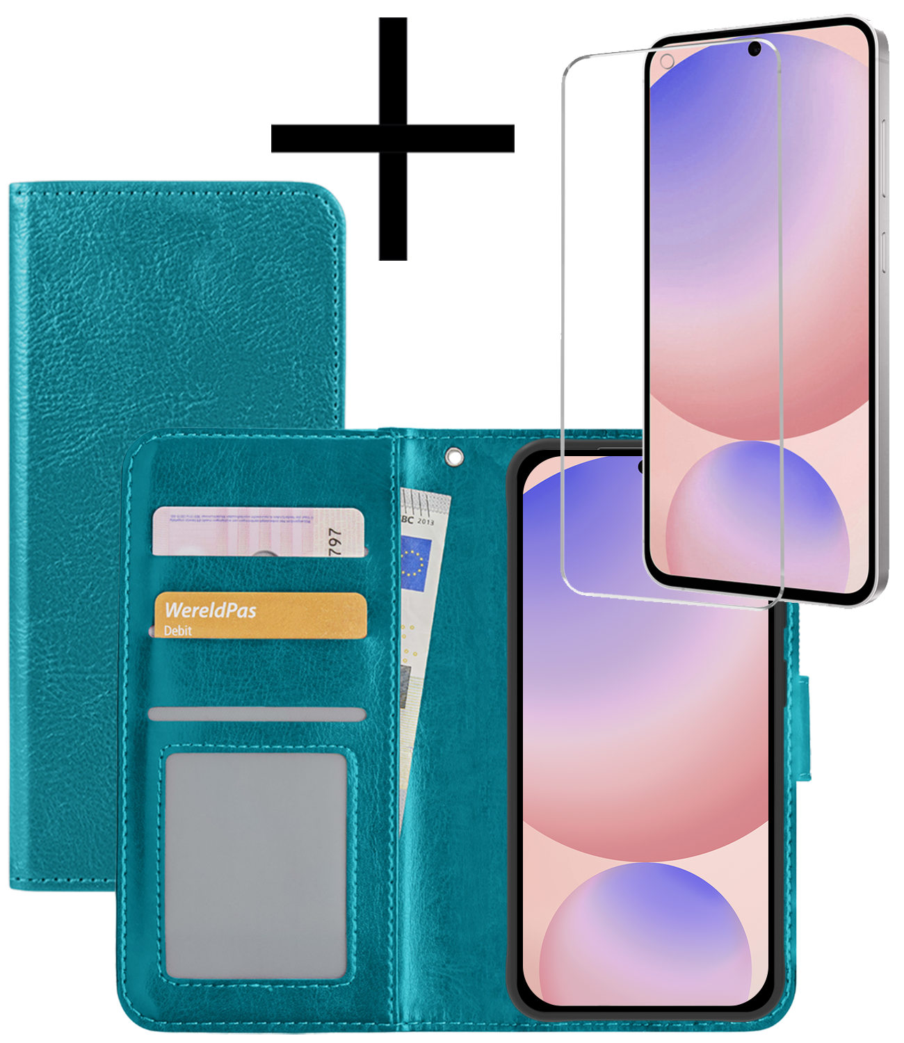 NoXx Hoes Geschikt voor Samsung S24 FE Hoesje Book Case Hoes Flip Cover Wallet Bookcase Met Screenprotector - Turquoise
