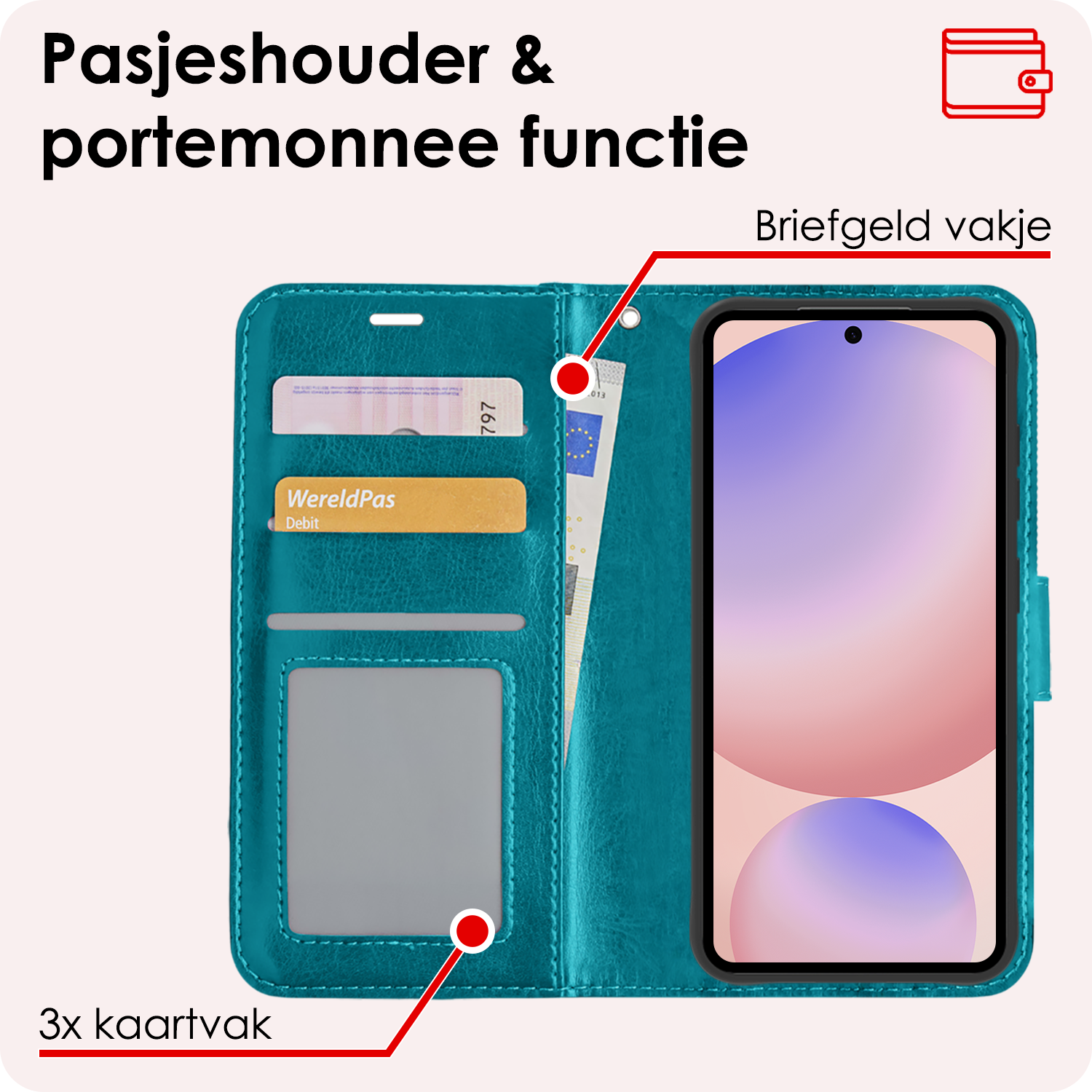 NoXx Hoes Geschikt voor Samsung S24 FE Hoesje Book Case Hoes Flip Cover Wallet Bookcase Met Screenprotector - Turquoise