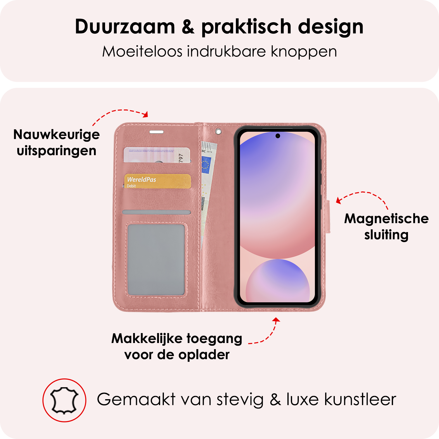 NoXx Hoes Geschikt voor Samsung S24 FE Hoesje Book Case Hoes Flip Cover Wallet Bookcase Met Screenprotector - Rosé goud
