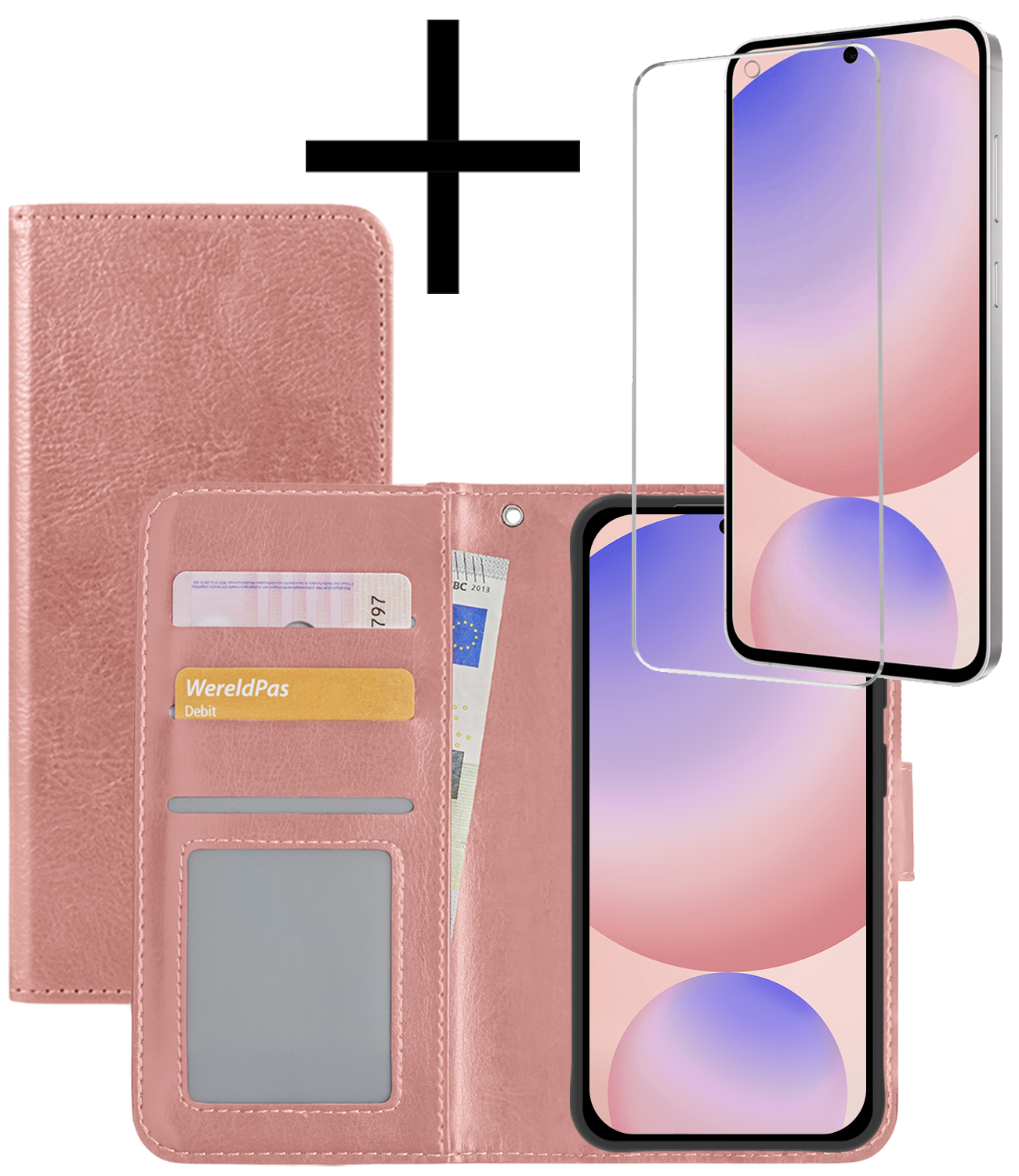 NoXx Hoes Geschikt voor Samsung S24 FE Hoesje Book Case Hoes Flip Cover Wallet Bookcase Met Screenprotector - Rosé goud
