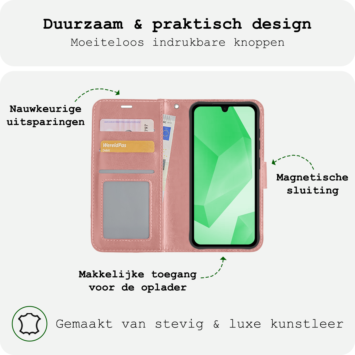 BASEY. Hoes Geschikt voor Samsung A16 Hoesje Bookcase Hoes Flip Case Book Cover Met Screenprotector - Hoesje Geschikt voor Samsung Galaxy A16 Hoes Book Case Hoesje - Rosé goud