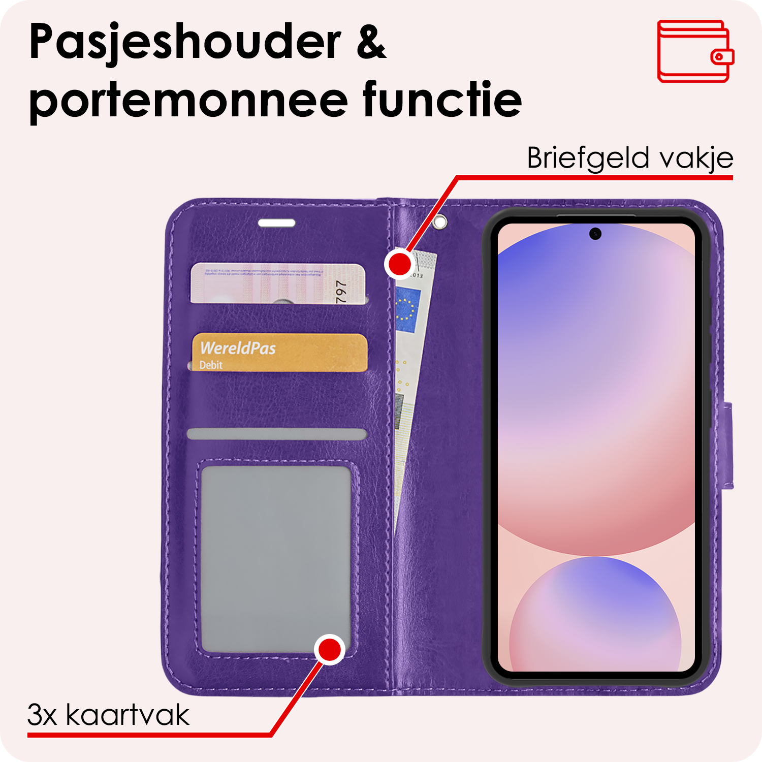 NoXx Hoes Geschikt voor Samsung S24 FE Hoesje Book Case Hoes Flip Cover Wallet Bookcase Met Screenprotector - Paars