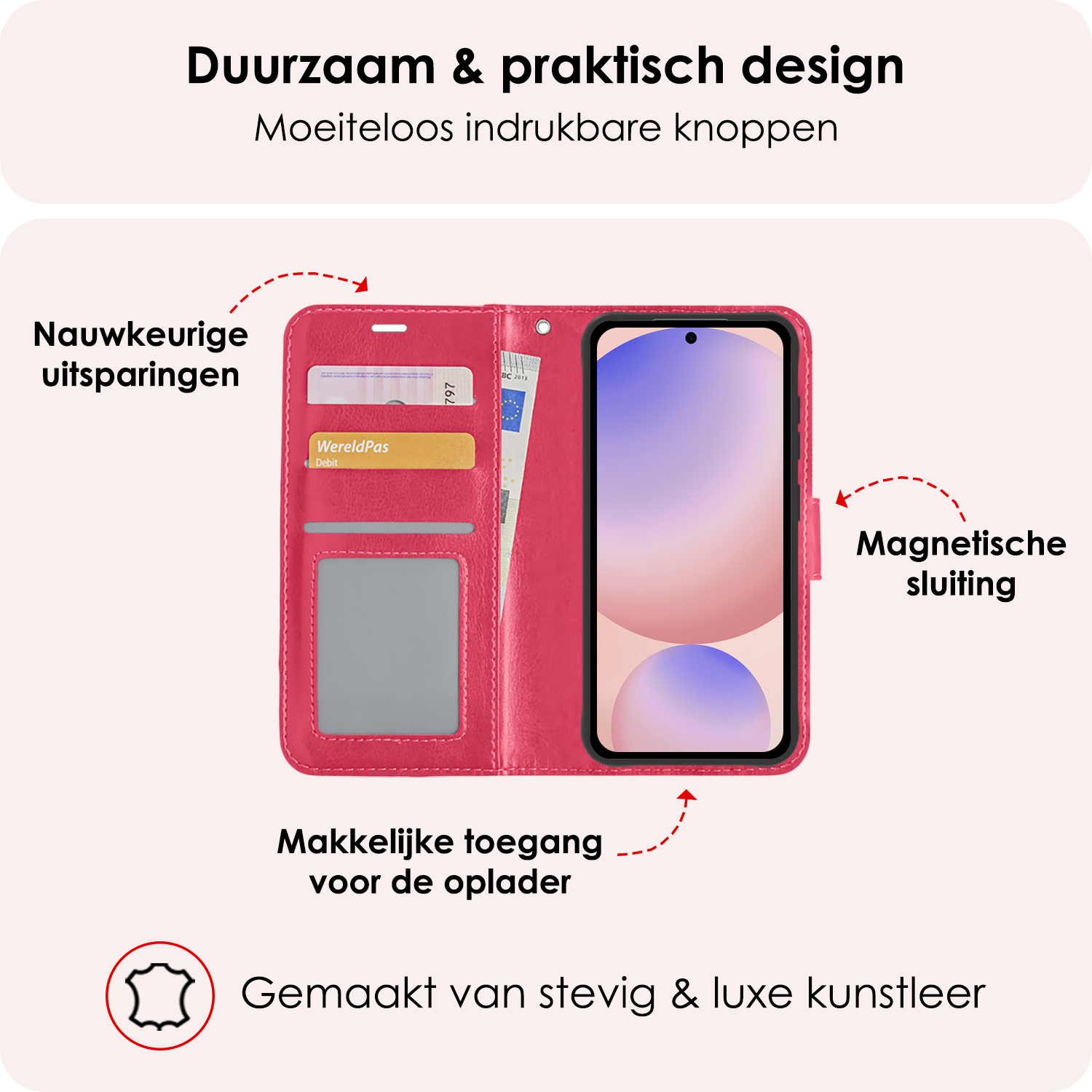 NoXx Hoes Geschikt voor Samsung S24 FE Hoesje Book Case Hoes Flip Cover Wallet Bookcase Met Screenprotector - Donkerroze