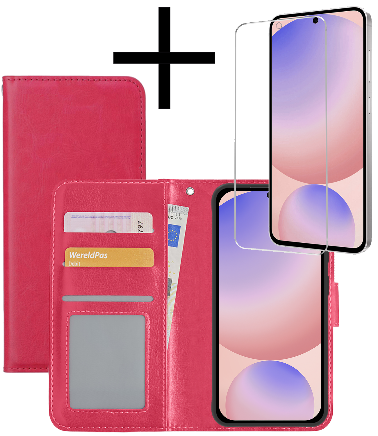 NoXx Hoes Geschikt voor Samsung S24 FE Hoesje Book Case Hoes Flip Cover Wallet Bookcase Met Screenprotector - Donkerroze