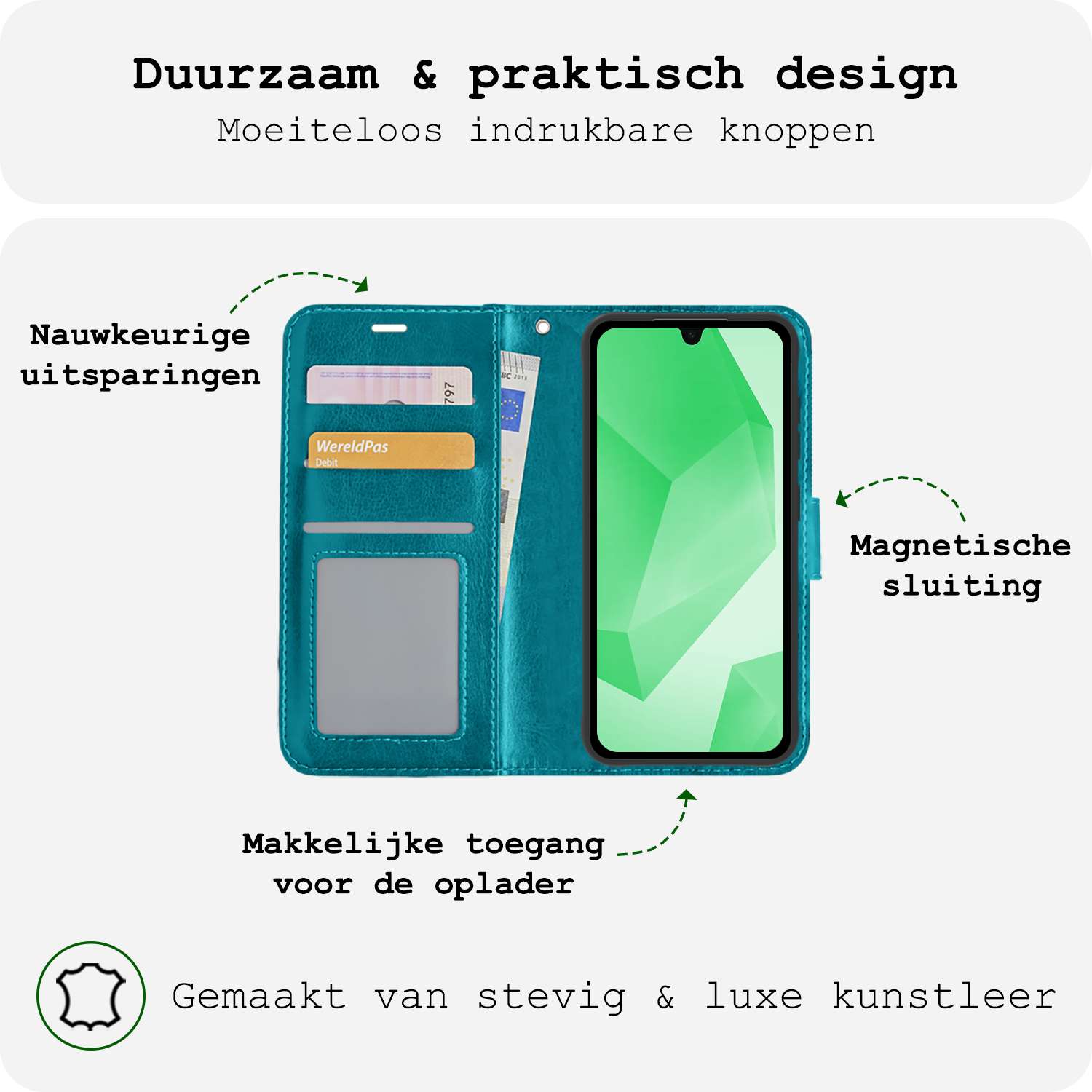 BASEY. Hoes Geschikt voor Samsung A16 Hoesje Bookcase Hoes Flip Case Book Cover Met Screenprotector - Hoesje Geschikt voor Samsung Galaxy A16 Hoes Book Case Hoesje - Turquoise