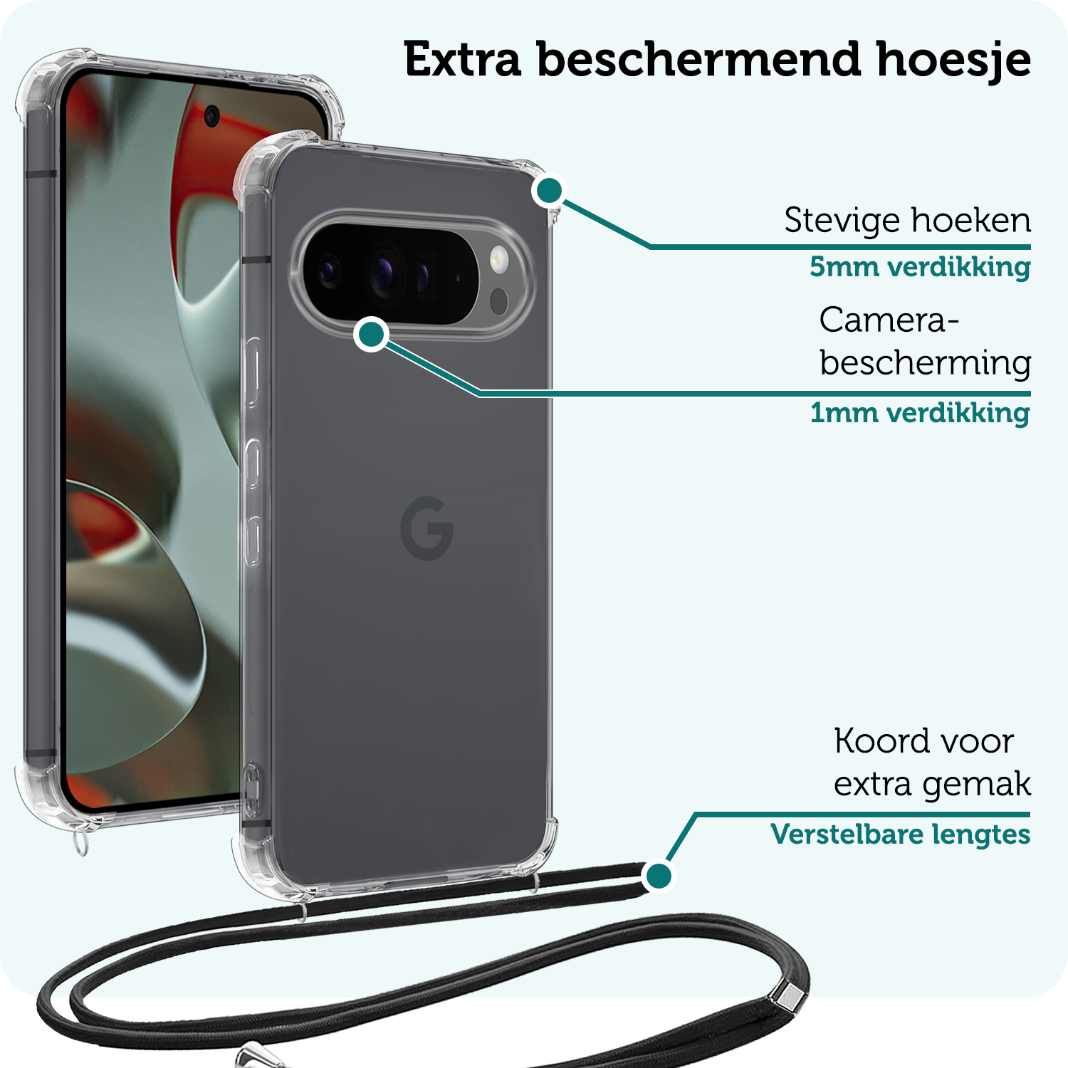 Forterra Hoesje Geschikt voor Google Pixel 9 Pro Hoesje Siliconen Shock Proof Hoesje Met Koord Case Met Telefoonkoord - Hoes Geschikt voor Google Pixel 9 Pro Hoesje Cover Shockproof Met Koord - Transparant