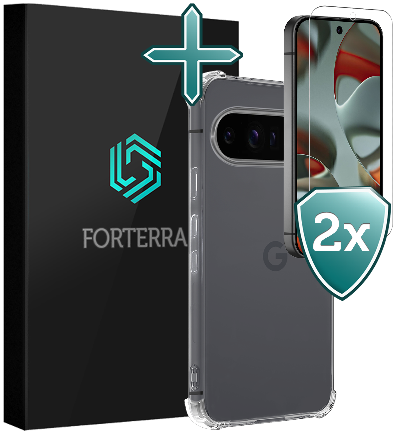 Forterra Hoesje Geschikt voor Google Pixel 9 Pro Hoesje Siliconen Shock Proof Case Hoes Met 2x Screenprotector - Hoes Geschikt voor Google Pixel 9 Pro Hoes Cover Case Shockproof - Transparant