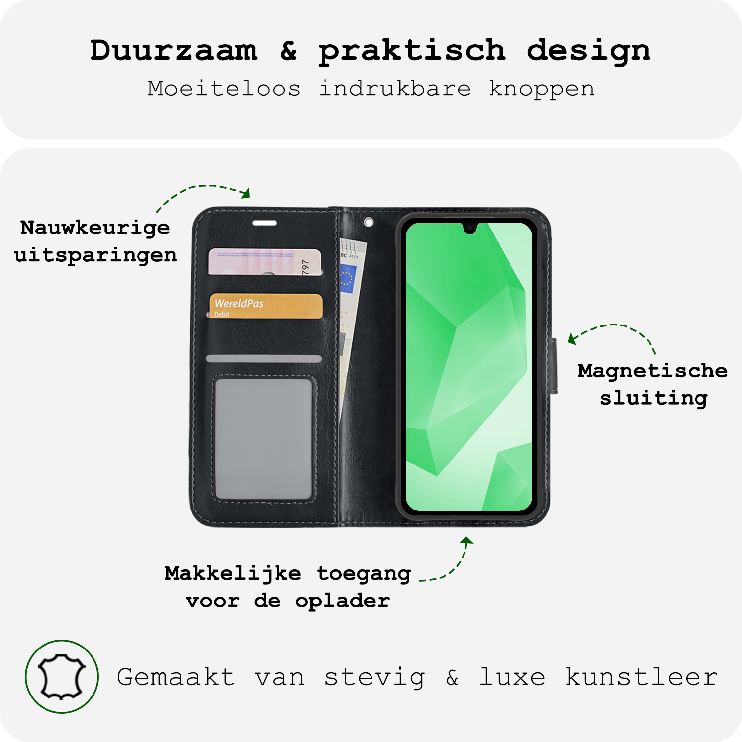 BASEY. Hoes Geschikt voor Samsung A16 Hoesje Bookcase Hoes Flip Case Book Cover Met Screenprotector - Hoesje Geschikt voor Samsung Galaxy A16 Hoes Book Case Hoesje - Zwart