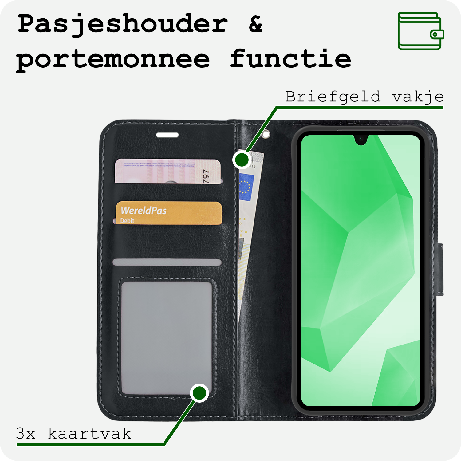 BASEY. Hoes Geschikt voor Samsung A16 Hoesje Bookcase Hoes Flip Case Book Cover Met Screenprotector - Hoesje Geschikt voor Samsung Galaxy A16 Hoes Book Case Hoesje - Zwart
