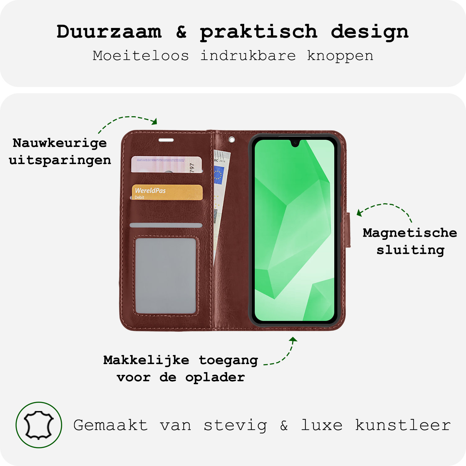 BASEY. Hoes Geschikt voor Samsung A16 Hoesje Bookcase Hoes Flip Case Book Cover Met 2x Screenprotector - Hoesje Geschikt voor Samsung Galaxy A16 Hoes Book Case Hoesje - Bruin