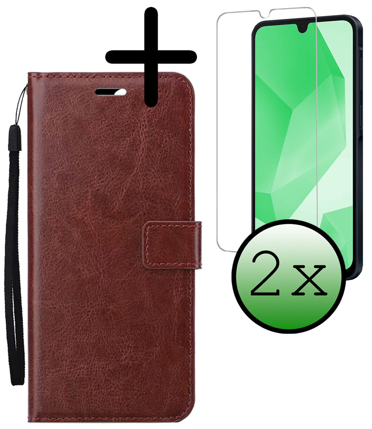 BASEY. Hoes Geschikt voor Samsung A16 Hoesje Bookcase Hoes Flip Case Book Cover Met 2x Screenprotector - Hoesje Geschikt voor Samsung Galaxy A16 Hoes Book Case Hoesje - Bruin