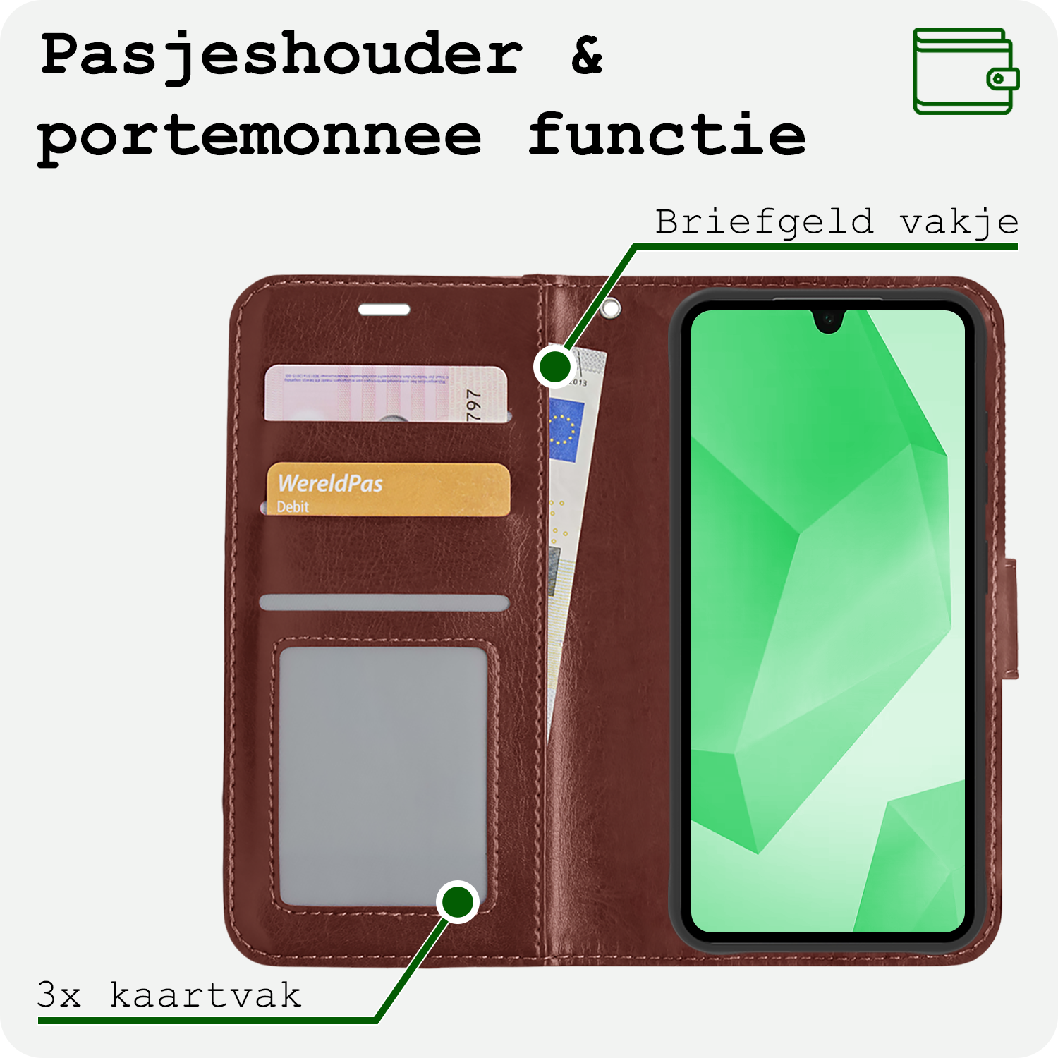 BASEY. Hoes Geschikt voor Samsung A16 Hoesje Bookcase Hoes Flip Case Book Cover Met 2x Screenprotector - Hoesje Geschikt voor Samsung Galaxy A16 Hoes Book Case Hoesje - Bruin