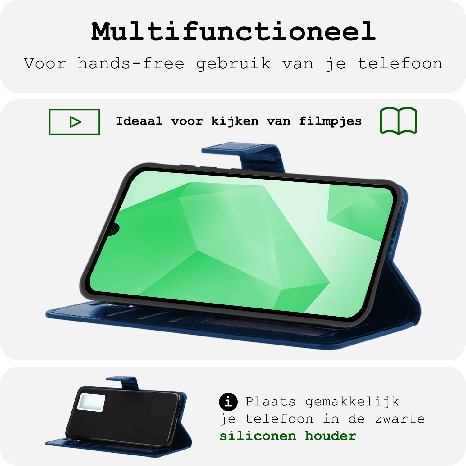 BASEY. Hoes Geschikt voor Samsung A16 Hoesje Bookcase Hoes Flip Case Book Cover Met 2x Screenprotector - Hoesje Geschikt voor Samsung Galaxy A16 Hoes Book Case Hoesje - Donkerblauw