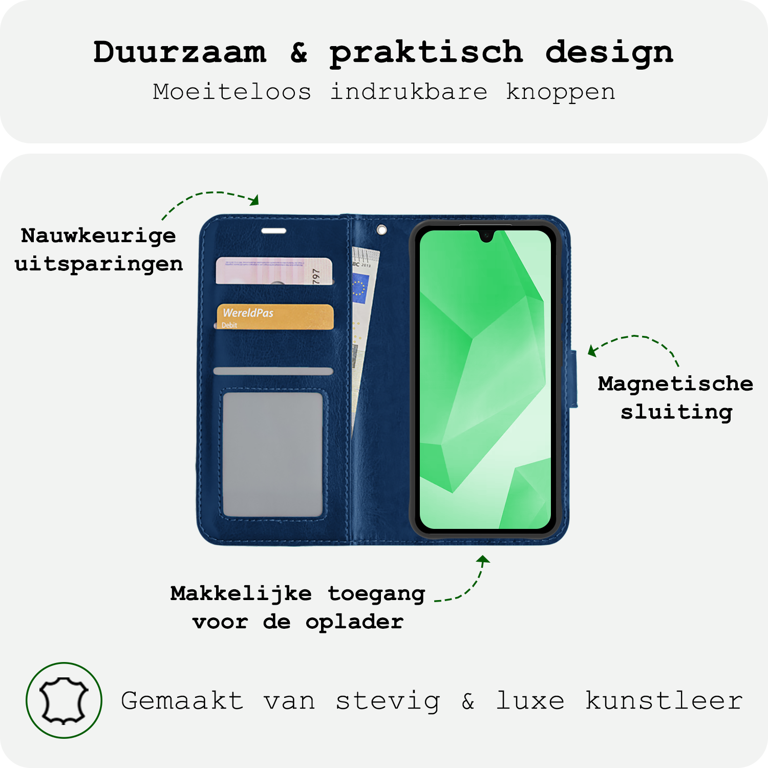 BASEY. Hoes Geschikt voor Samsung A16 Hoesje Bookcase Hoes Flip Case Book Cover Met 2x Screenprotector - Hoesje Geschikt voor Samsung Galaxy A16 Hoes Book Case Hoesje - Donkerblauw