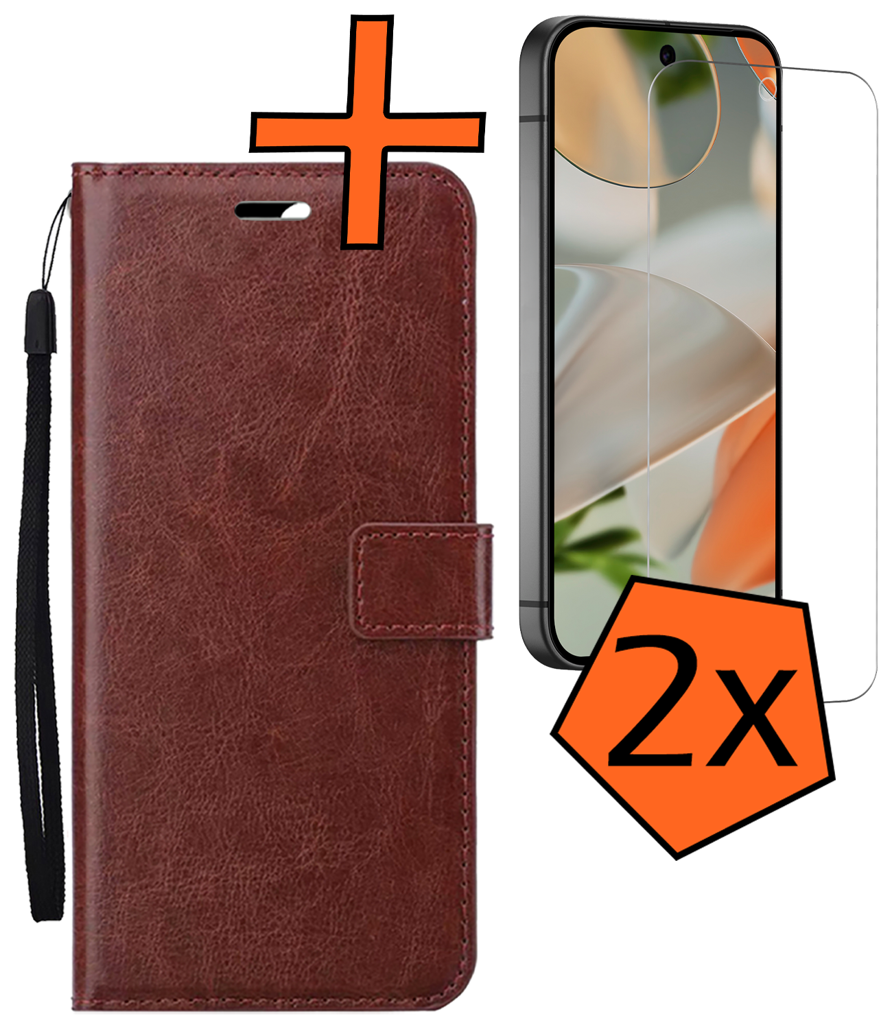 Nomfy Hoesje Geschikt voor Google Pixel 9 Pro Hoesje Book Case Hoes Portemonnee Cover Walletcase Met 2x Screenprotector - Hoes Geschikt voor Google Pixel 9 Pro Hoes Bookcase Hoesje - Bruin