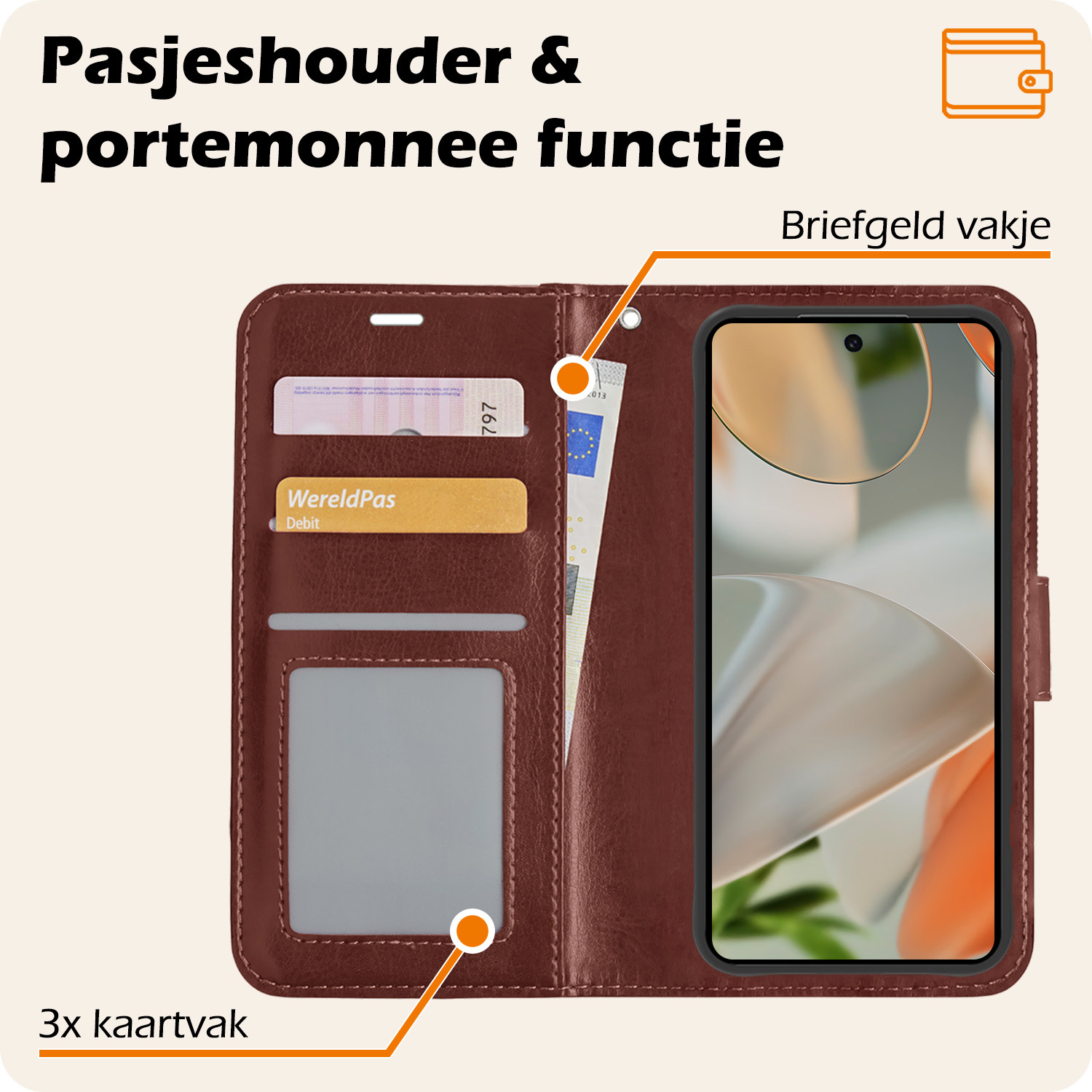 Nomfy Hoesje Geschikt voor Google Pixel 9 Pro Hoesje Book Case Hoes Portemonnee Cover Walletcase Met 2x Screenprotector - Hoes Geschikt voor Google Pixel 9 Pro Hoes Bookcase Hoesje - Bruin