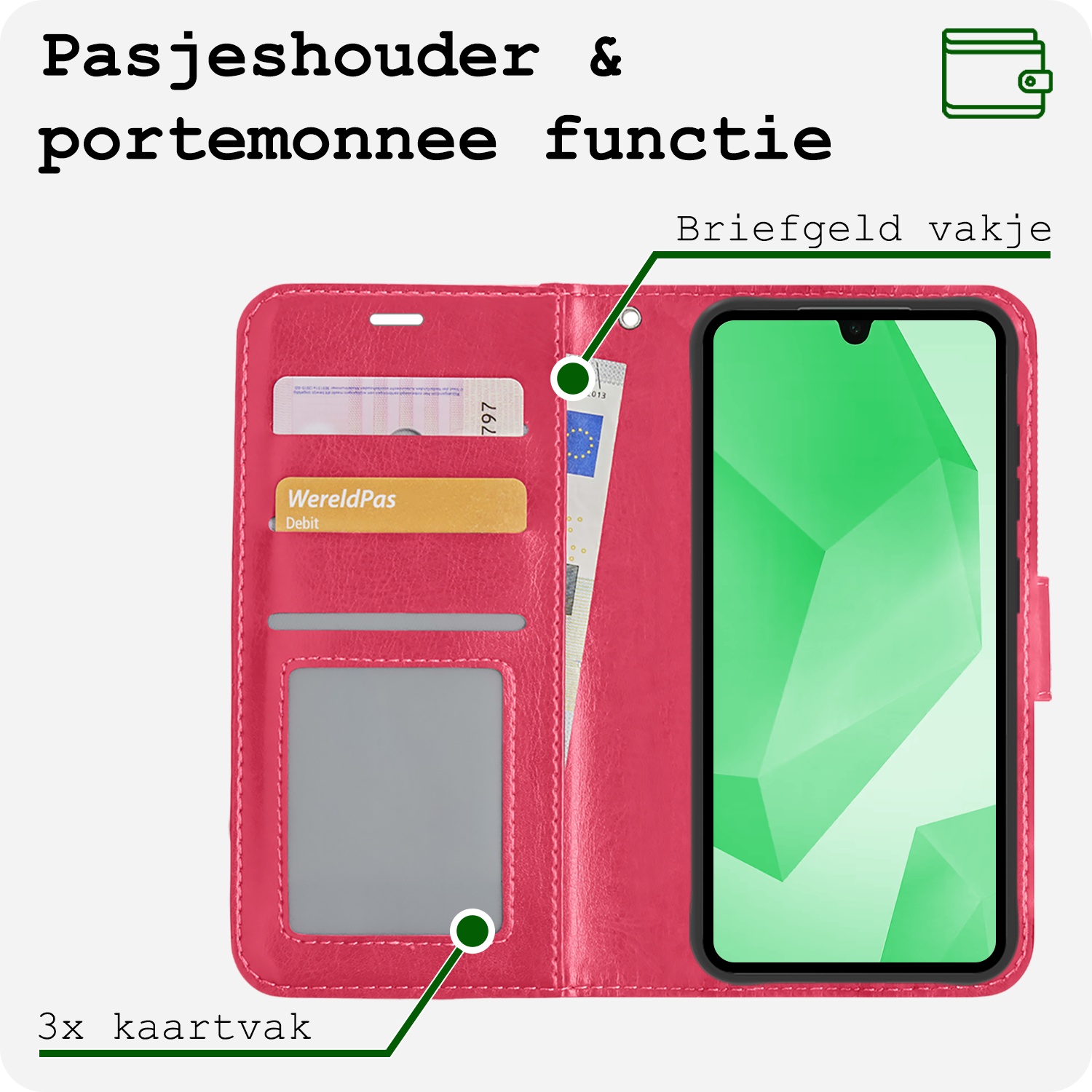BASEY. Hoes Geschikt voor Samsung A16 Hoesje Bookcase Hoes Flip Case Book Cover Met 2x Screenprotector - Hoesje Geschikt voor Samsung Galaxy A16 Hoes Book Case Hoesje - Donkerroze