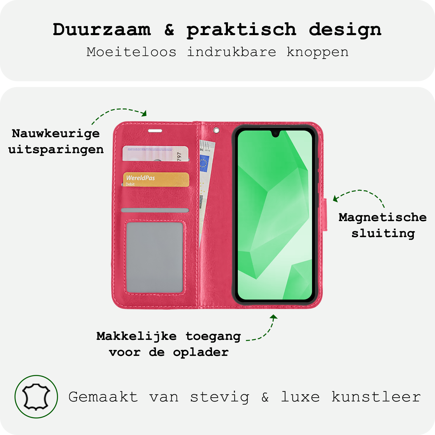 BASEY. Hoes Geschikt voor Samsung A16 Hoesje Bookcase Hoes Flip Case Book Cover Met 2x Screenprotector - Hoesje Geschikt voor Samsung Galaxy A16 Hoes Book Case Hoesje - Donkerroze