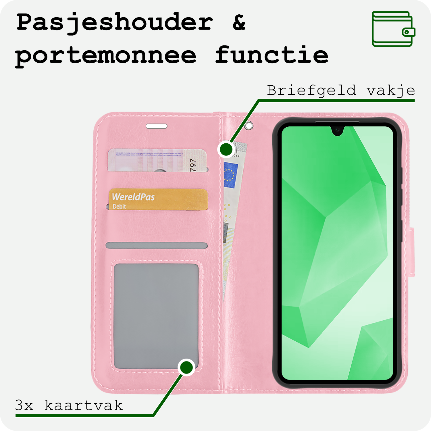 BASEY. Hoes Geschikt voor Samsung A16 Hoesje Bookcase Hoes Flip Case Book Cover Met 2x Screenprotector - Hoesje Geschikt voor Samsung Galaxy A16 Hoes Book Case Hoesje - Lichtroze