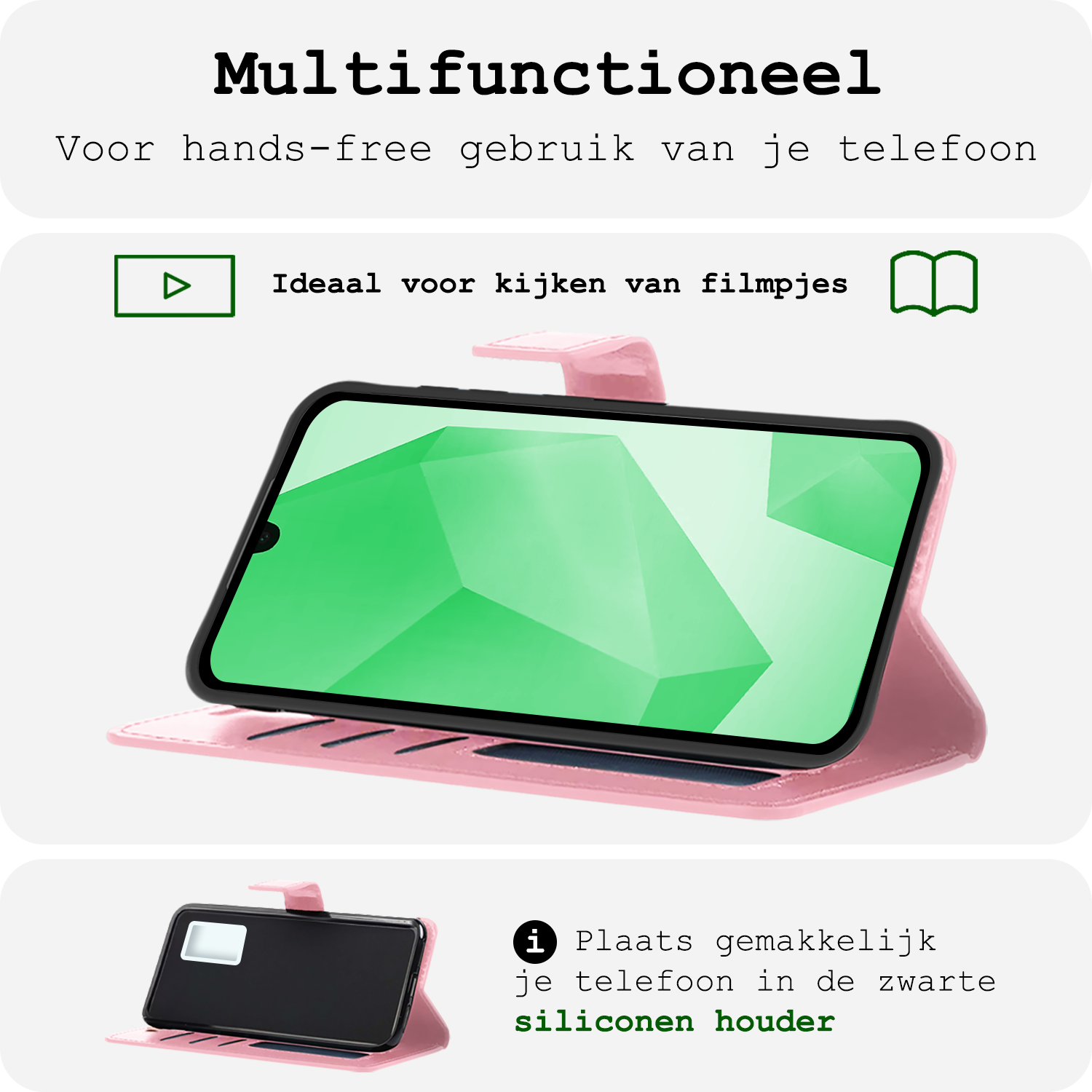 BASEY. Hoes Geschikt voor Samsung A16 Hoesje Bookcase Hoes Flip Case Book Cover Met 2x Screenprotector - Hoesje Geschikt voor Samsung Galaxy A16 Hoes Book Case Hoesje - Lichtroze