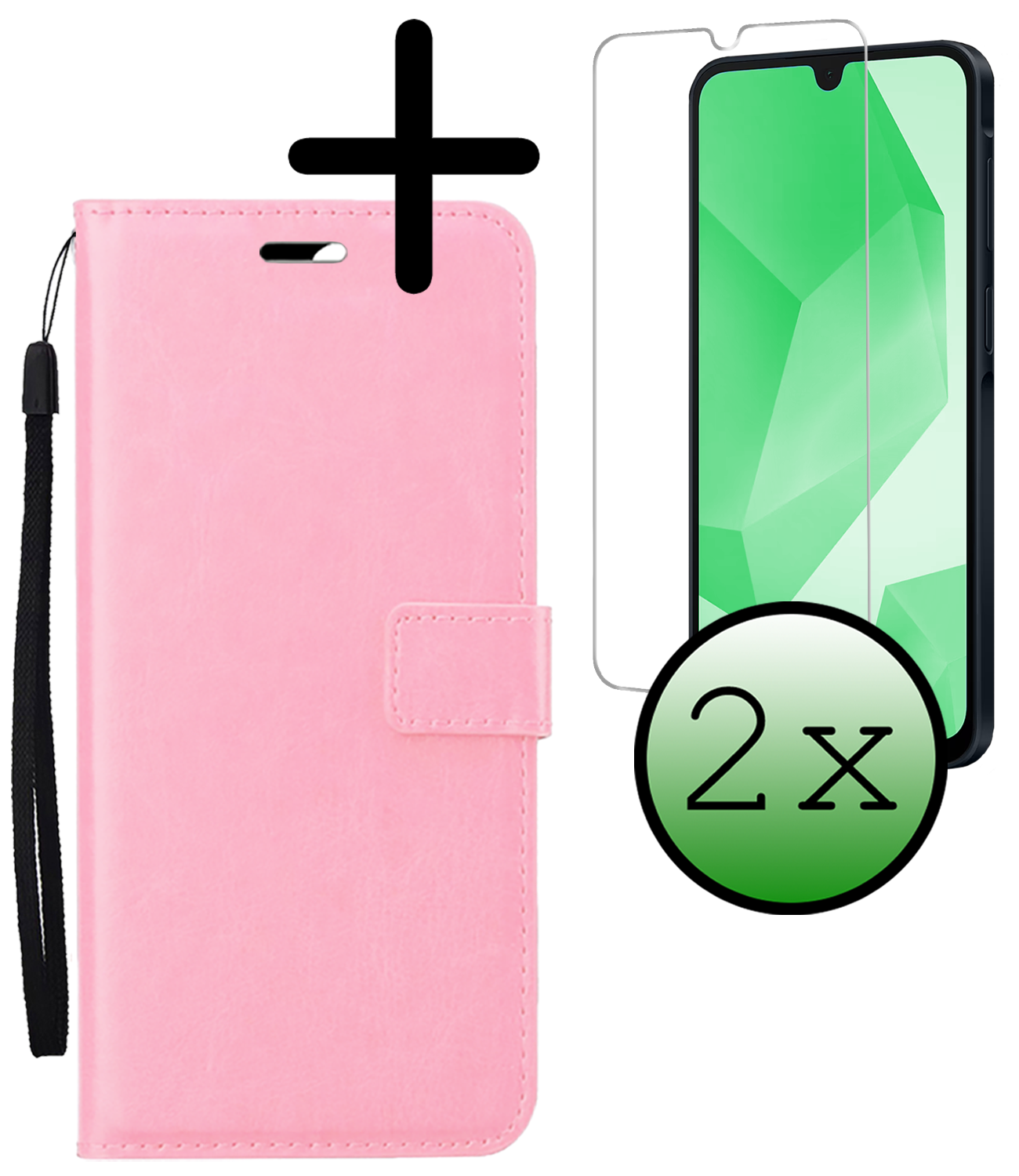 BASEY. Hoes Geschikt voor Samsung A16 Hoesje Bookcase Hoes Flip Case Book Cover Met 2x Screenprotector - Hoesje Geschikt voor Samsung Galaxy A16 Hoes Book Case Hoesje - Lichtroze