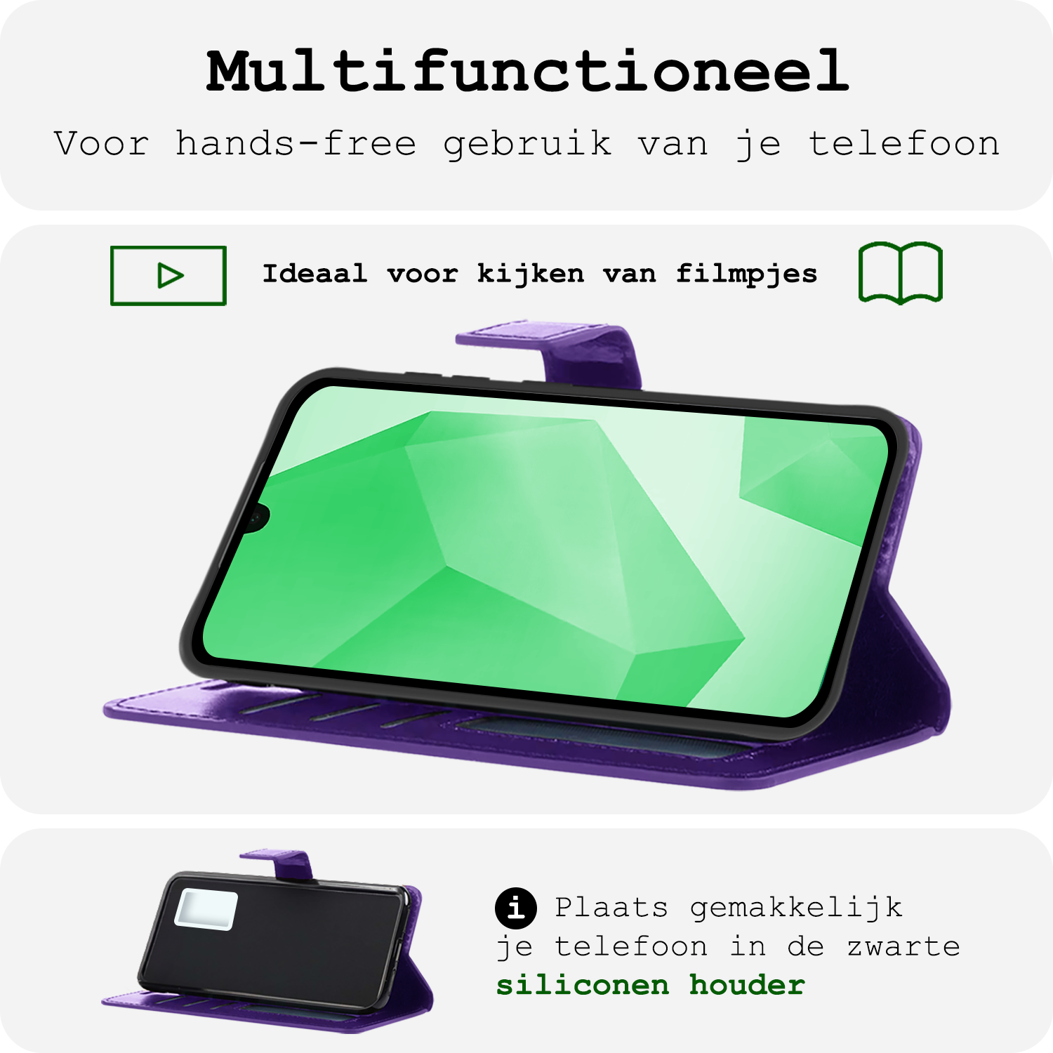 BASEY. Hoes Geschikt voor Samsung A16 Hoesje Bookcase Hoes Flip Case Book Cover Met 2x Screenprotector - Hoesje Geschikt voor Samsung Galaxy A16 Hoes Book Case Hoesje - Paars