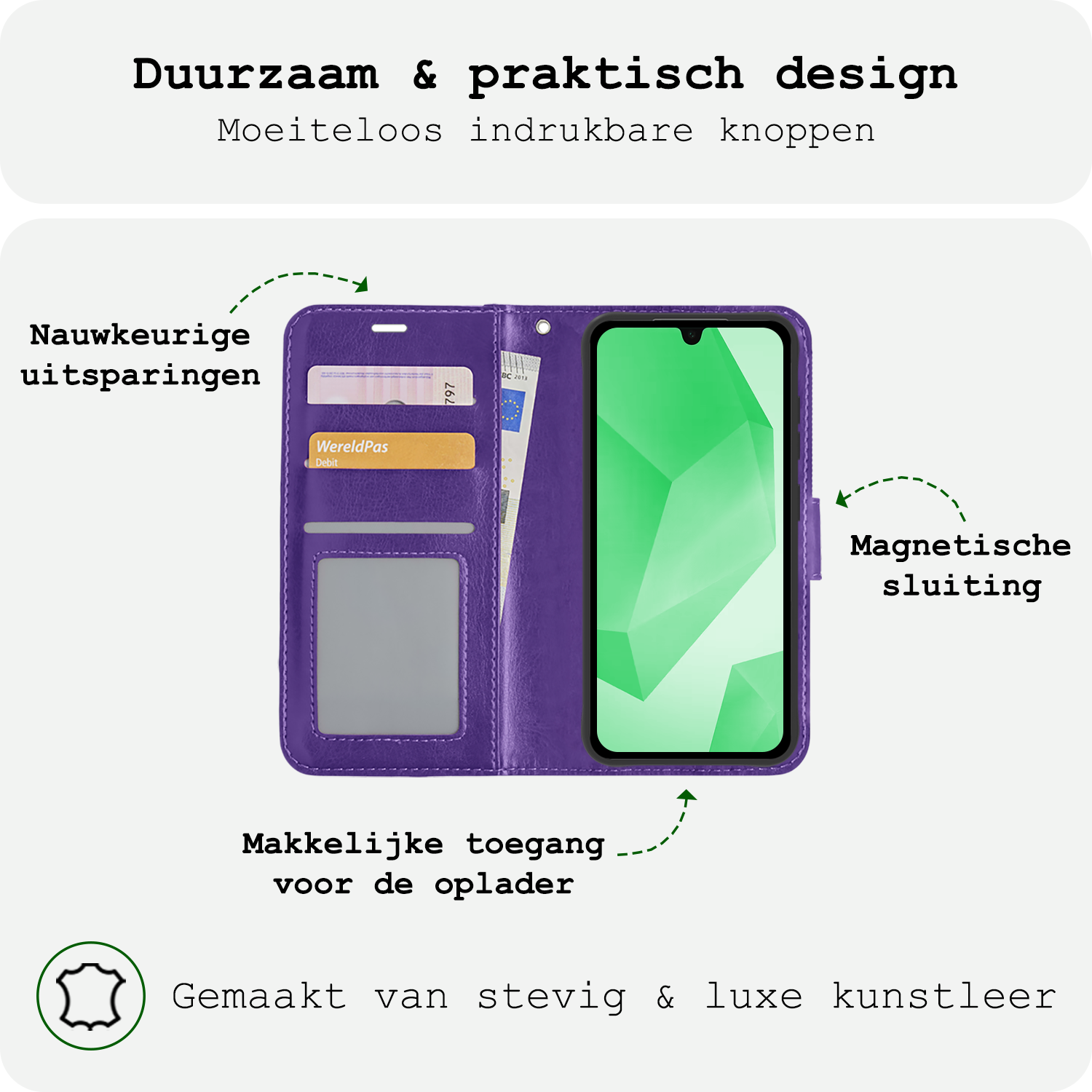 BASEY. Hoes Geschikt voor Samsung A16 Hoesje Bookcase Hoes Flip Case Book Cover Met 2x Screenprotector - Hoesje Geschikt voor Samsung Galaxy A16 Hoes Book Case Hoesje - Paars